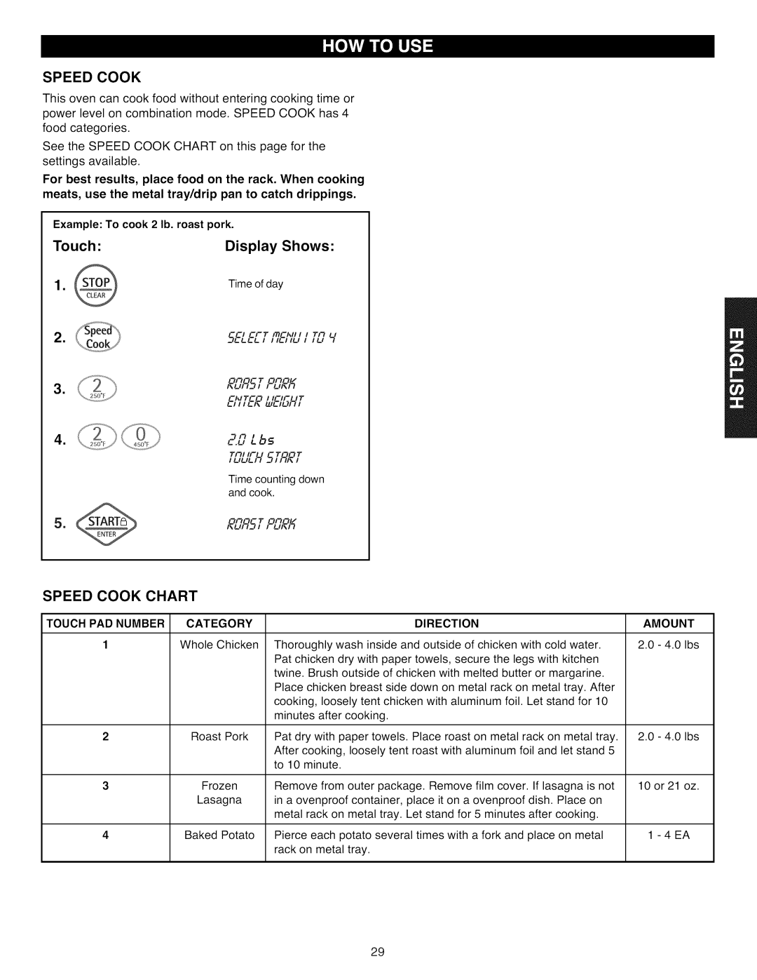 Kenmore 721.88513, 721.88519 manual TouchDisplay Shows, Speed Cook Chart, Example To cook 2 lb. roast pork, Time of day 