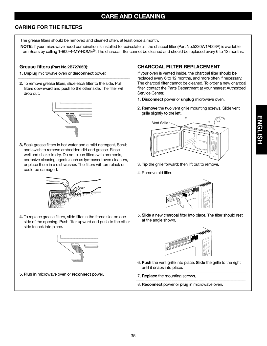 Kenmore 721.88513 manual Caring for the Filters, Grease filters Part No.2B72705B, Charcoal Filter Replacement, Reconnect 