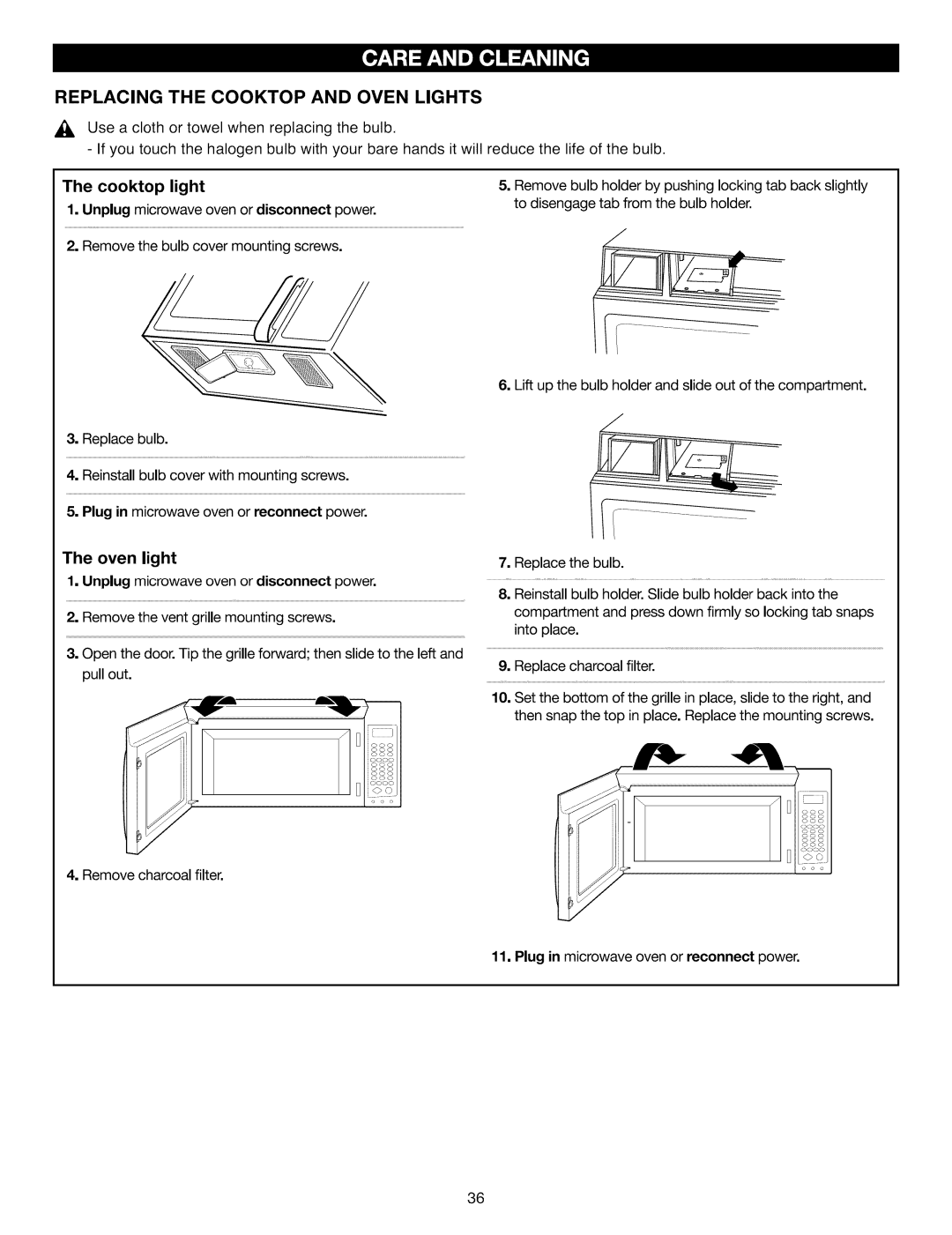 Kenmore 721.88519, 721.88512, 721.88513 manual Replacing the Cooktop and Oven Lights, Cooktop Light, Oven light 