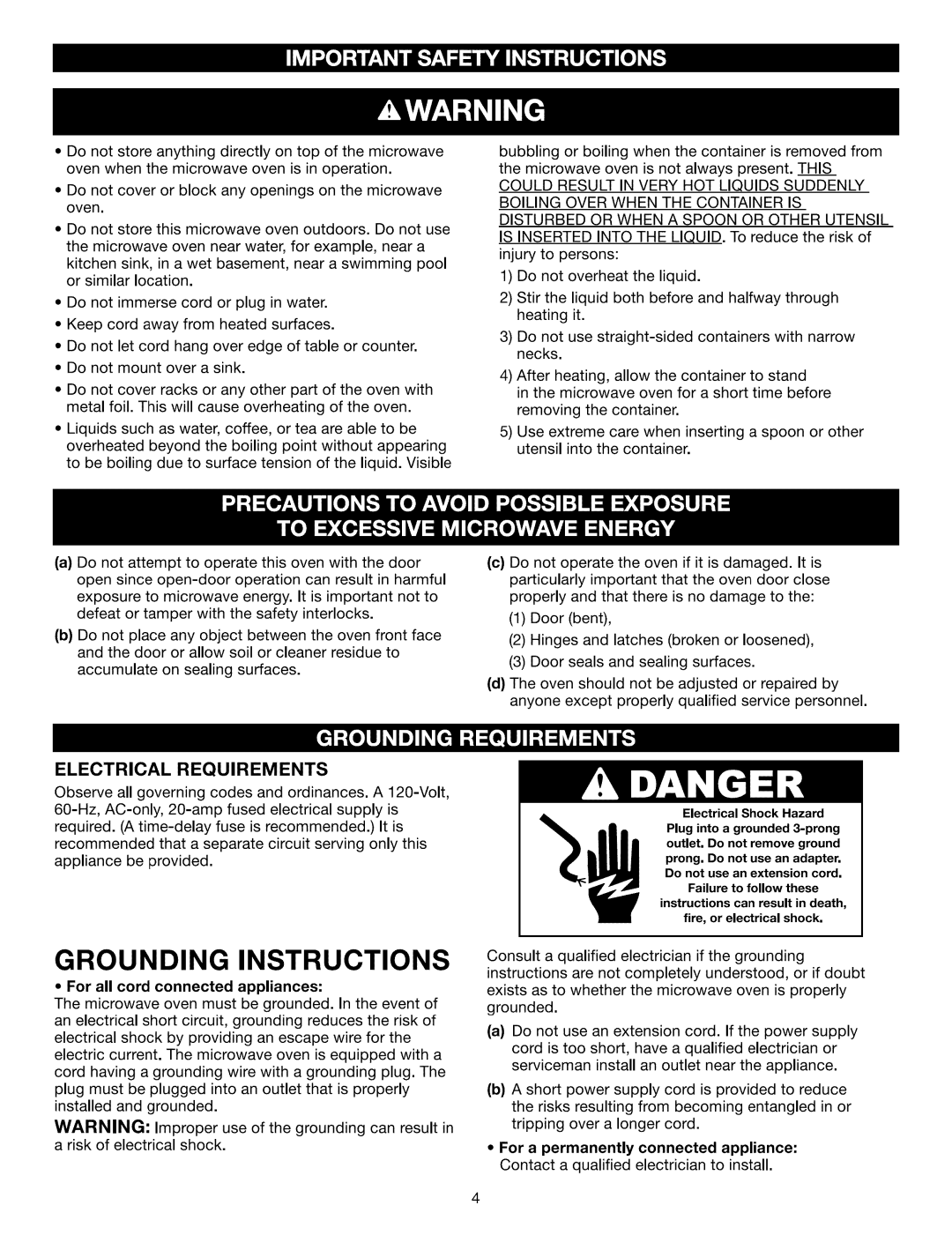 Kenmore 721.88512, 721.88519, 721.88513 manual Electrical Requirements, For all cord connected appliances 