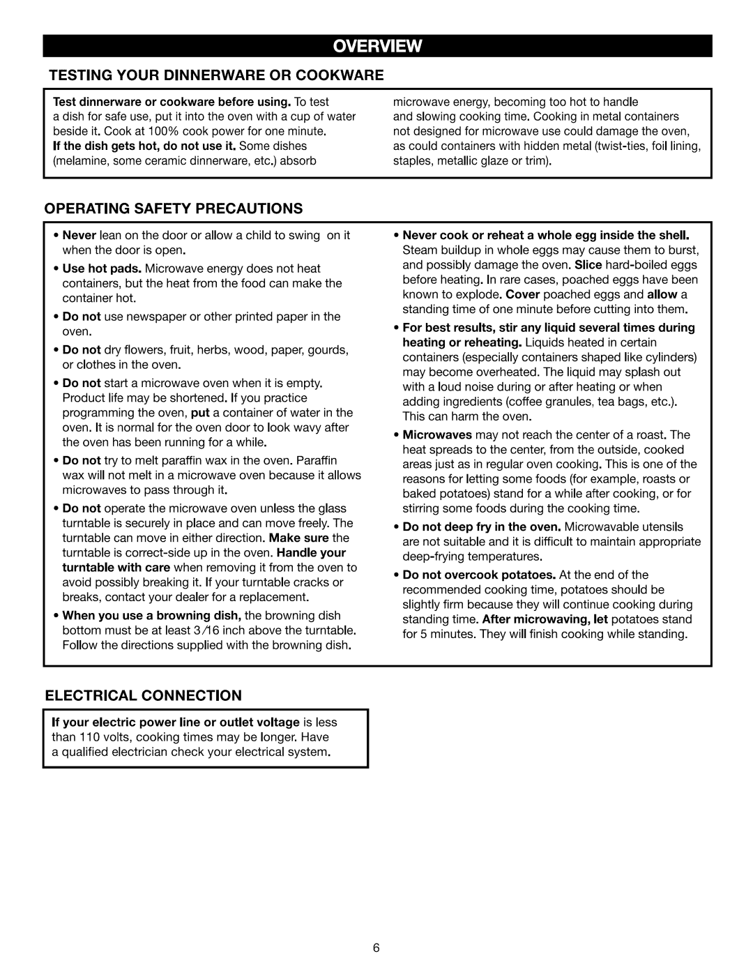 Kenmore 721.88519, 721.88512 manual Testing Your Dinnerware or Cookware, Operating Safety Precautions, Electrical Connection 