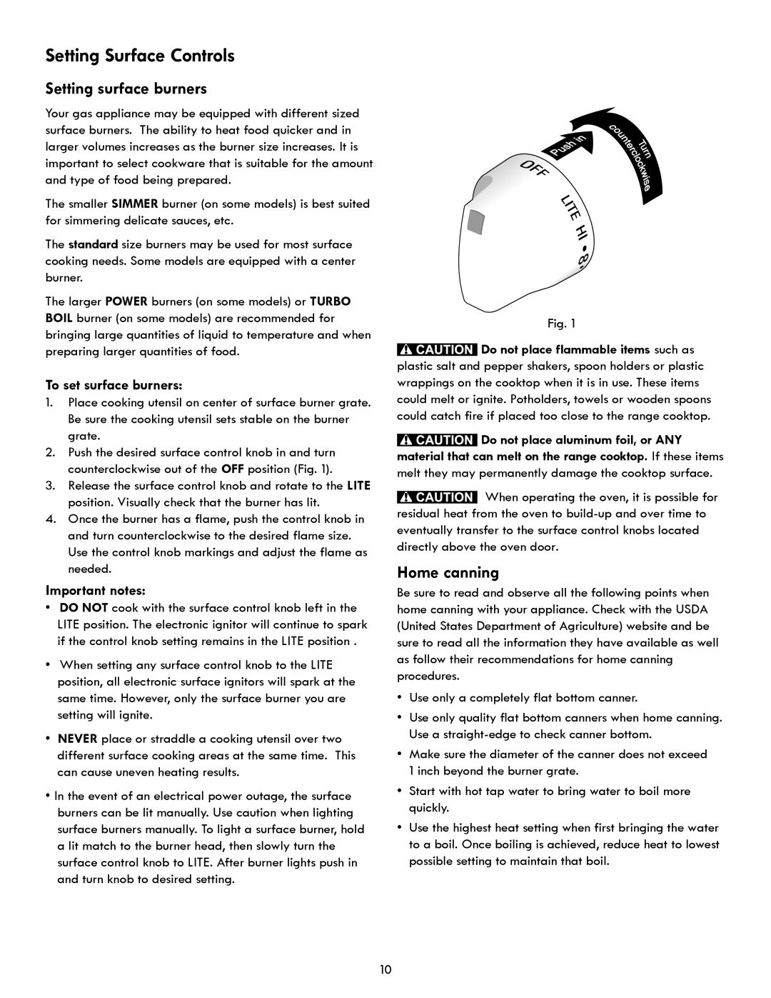 Kenmore 7280, 7271, 7250, 7290 manual Setting Surface Controls, Setting surface burners, Home canning 