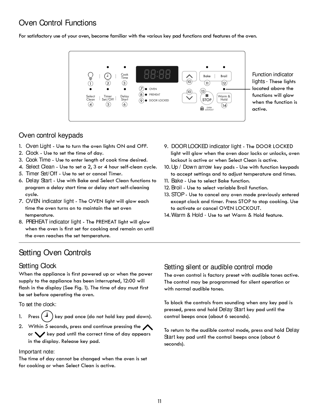 Kenmore 7290, 7271, 7250, 7280 manual Oven Control Functions, Setting Oven Controls, Oven control keypads, Setting Clock 