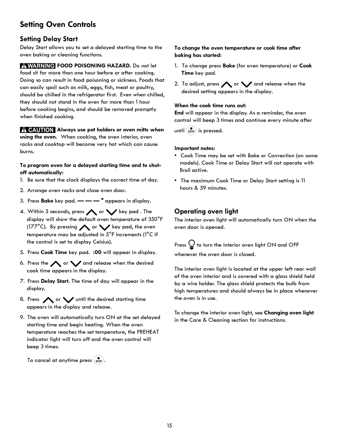 Kenmore 7290, 7271, 7250, 7280 manual Setting Delay Start, Operating oven light 