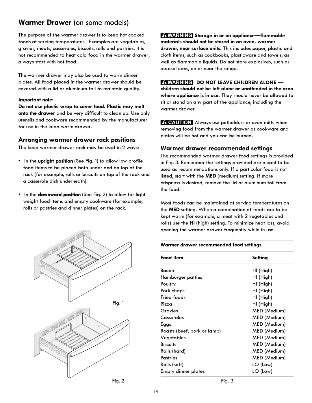 Kenmore 7290, 7271, 7250, 7280 manual Warmer drawer recommended settings, Storage in or on appliance-flammable 