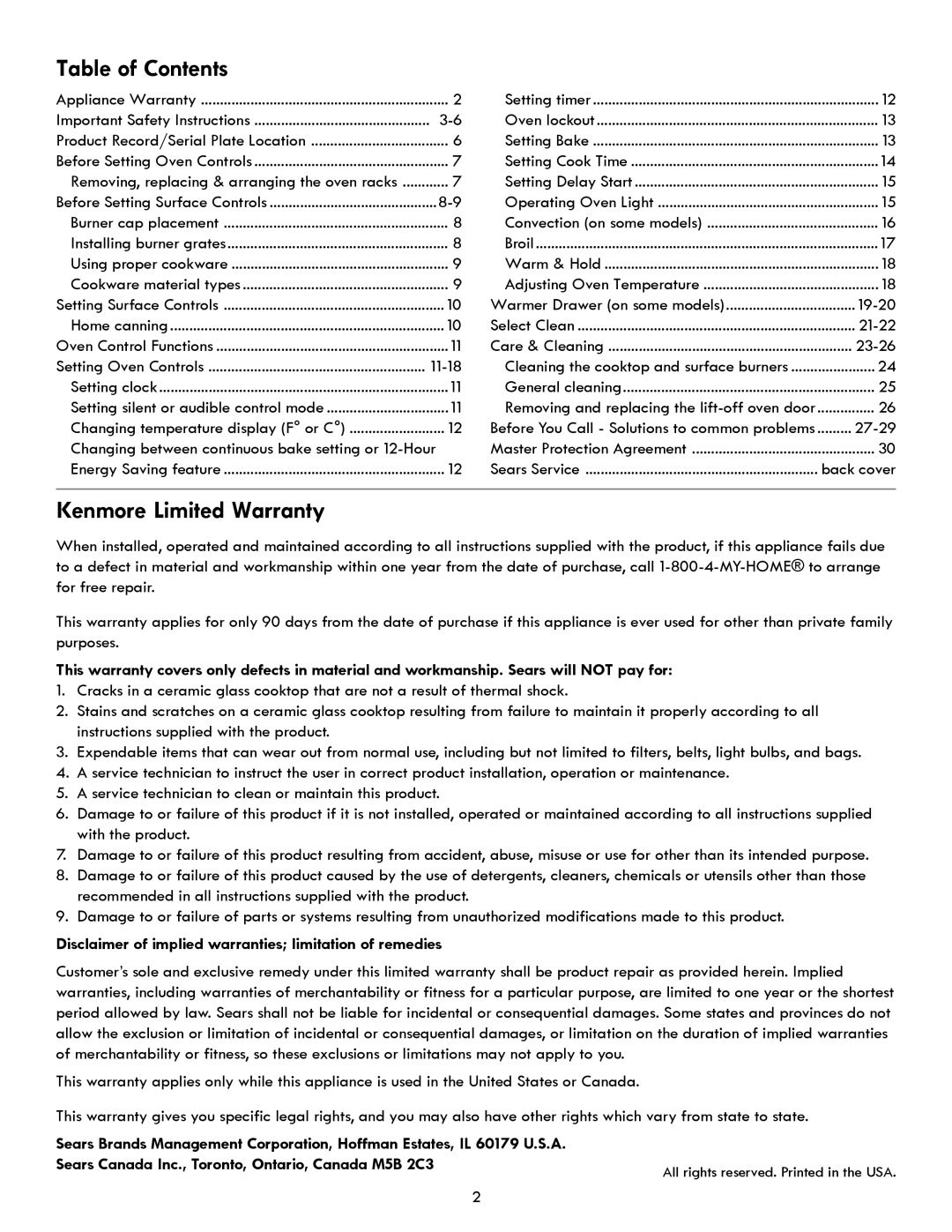 Kenmore 7280, 7271, 7250, 7290 manual Table of Contents, Kenmore Limited Warranty 