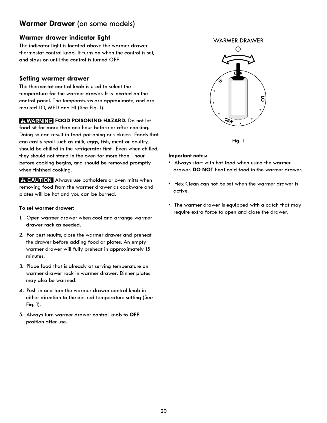 Kenmore 7271, 7250, 7280, 7290 manual Warmer drawer indicator light, Setting warmer drawer, To set warmer drawer 