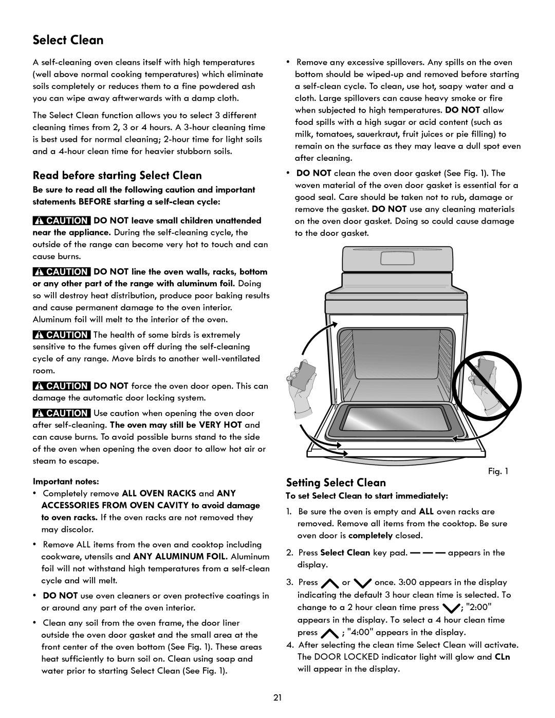 Kenmore 7250, 7271 Read before starting Select Clean, Setting Select Clean, To set Select Clean to start immediately 