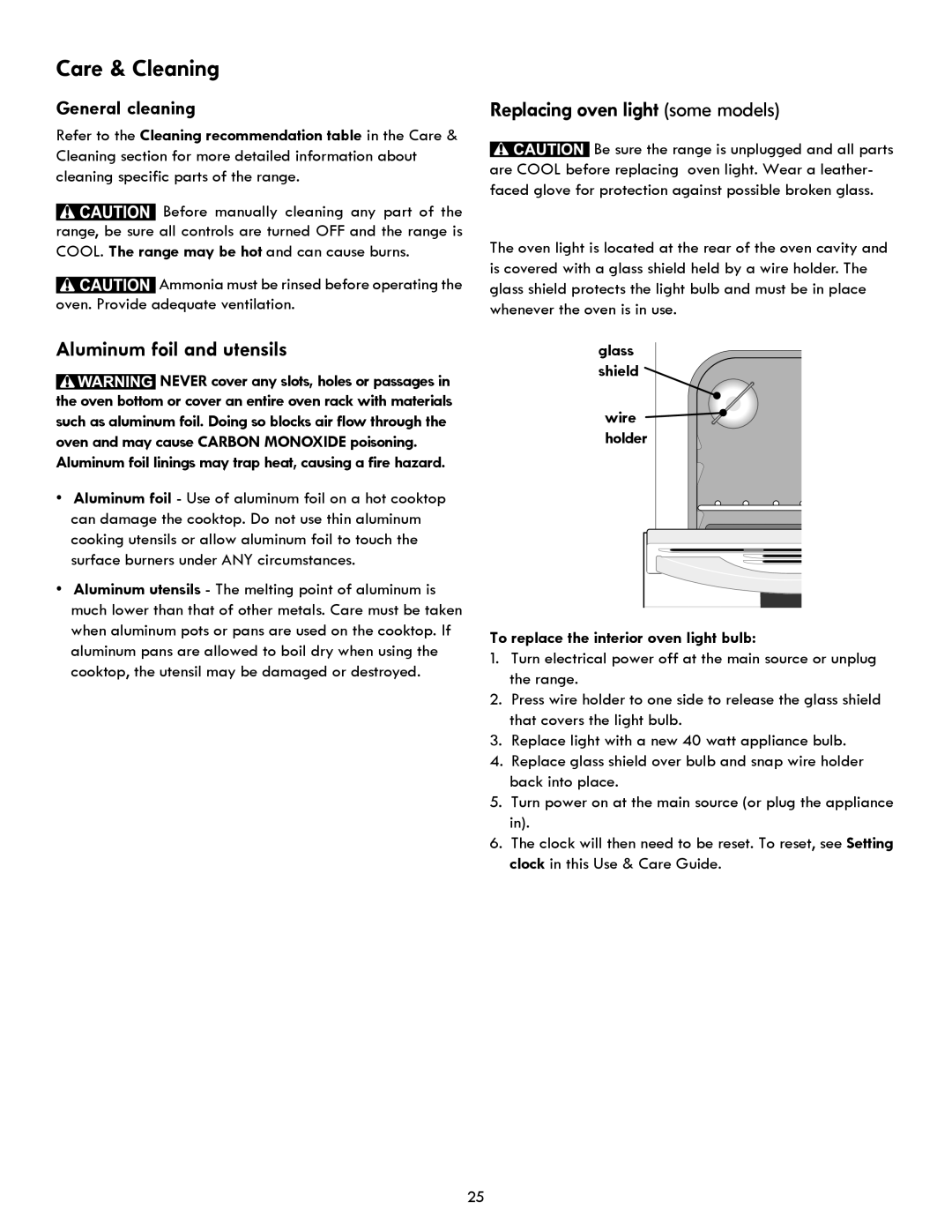 Kenmore 7250, 7271, 7280, 7290 manual Aluminum foil and utensils, Replacing oven light some models, Glass, Wire 