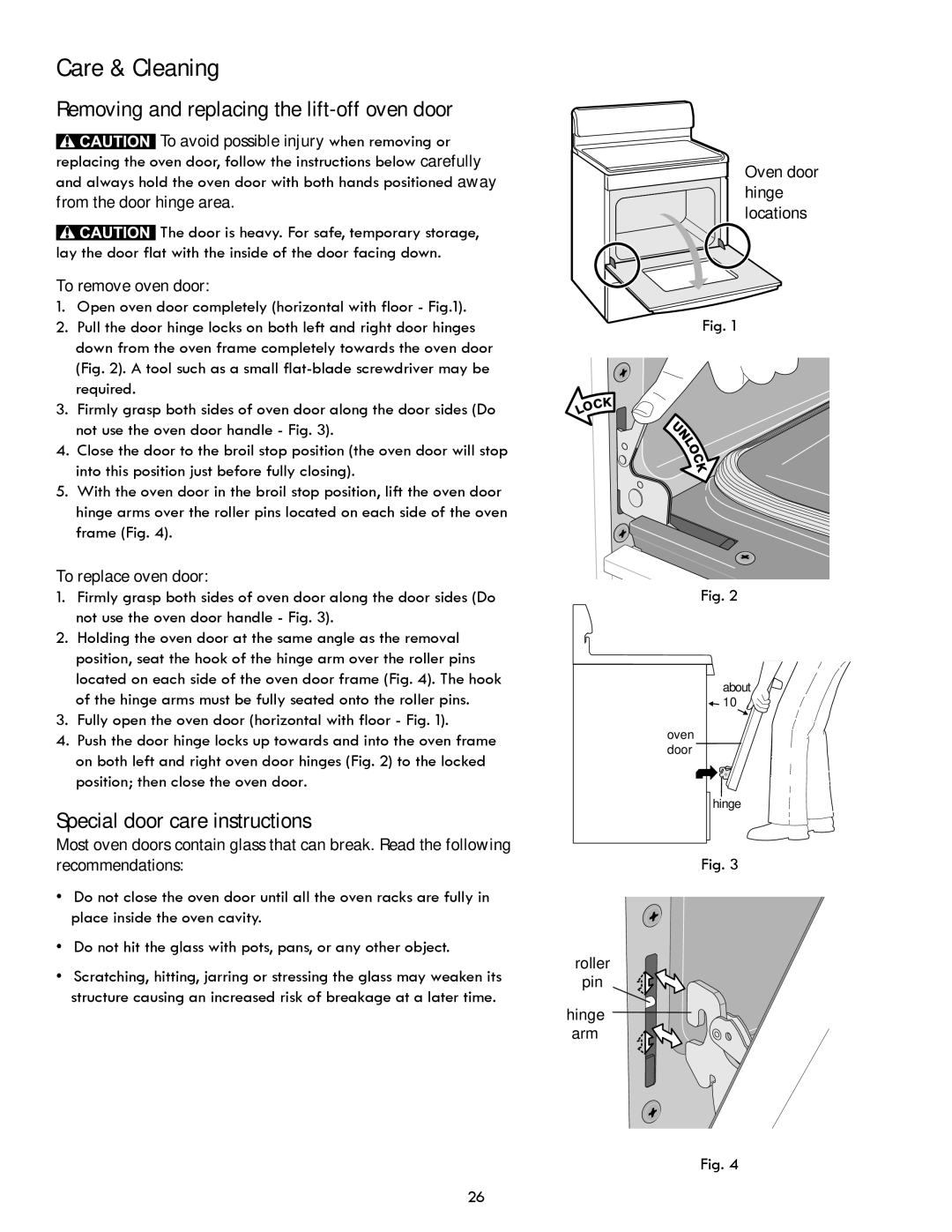 Kenmore 7280, 7271, 7250 Removing and replacing the lift-off oven door, Special door care instructions, To remove oven door 