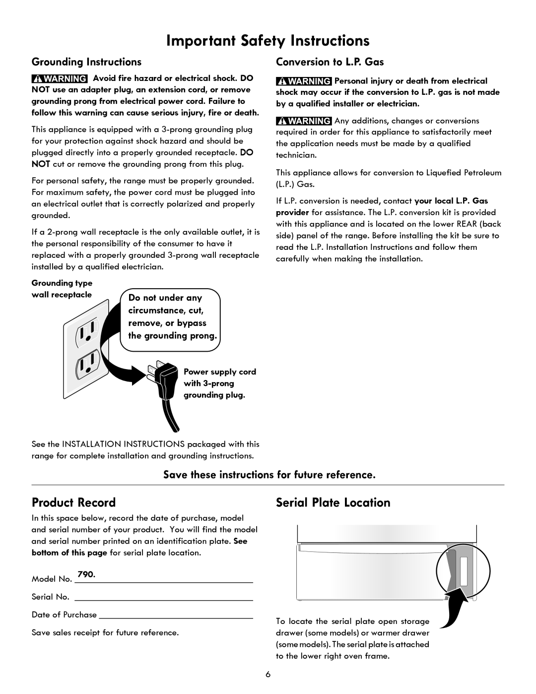 Kenmore 7280, 7271, 7250, 7290 Product Record, Serial Plate Location, Grounding Instructions, Conversion to L.P. Gas, 790 