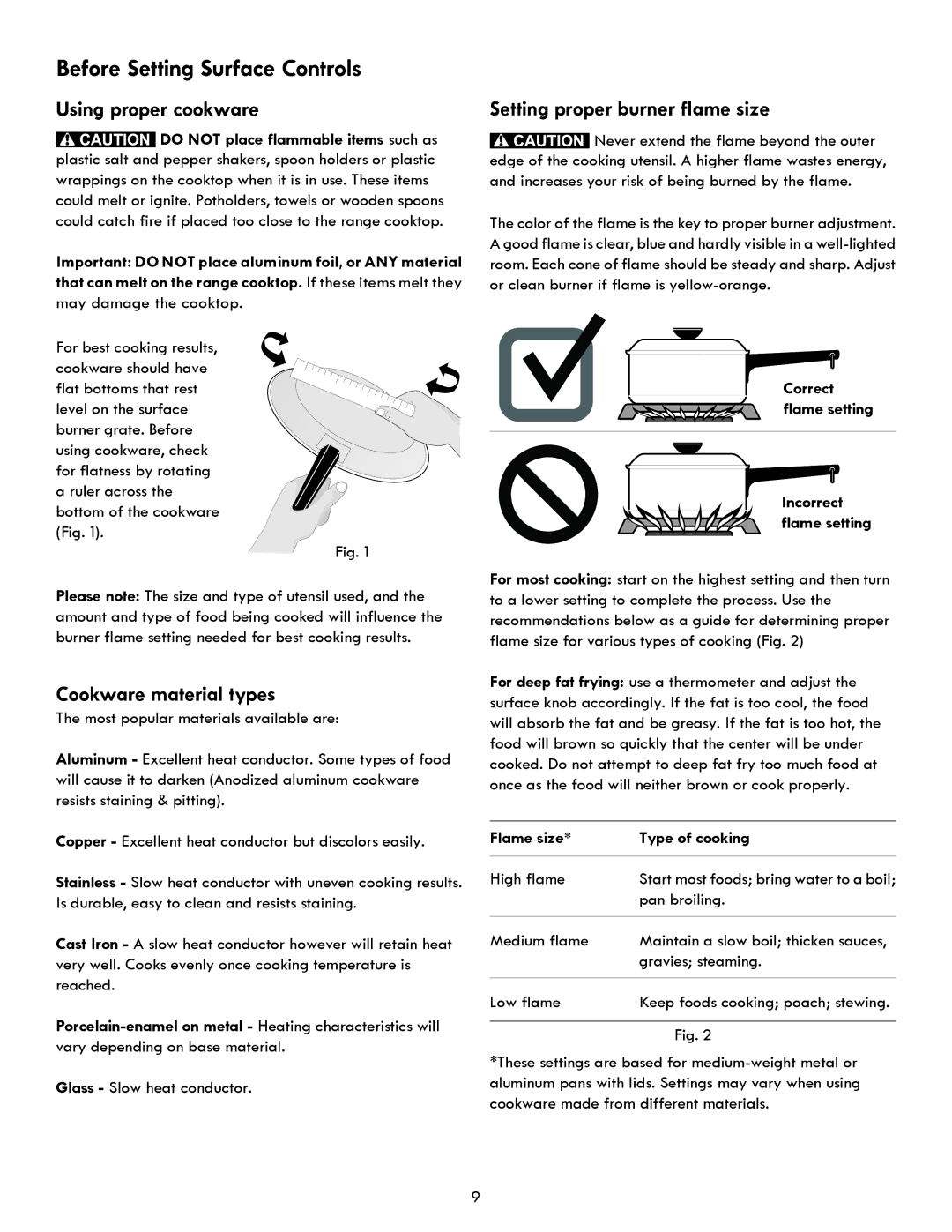 Kenmore 7250 Using proper cookware, Cookware material types, Setting proper burner flame size, Flame size Type of cooking 