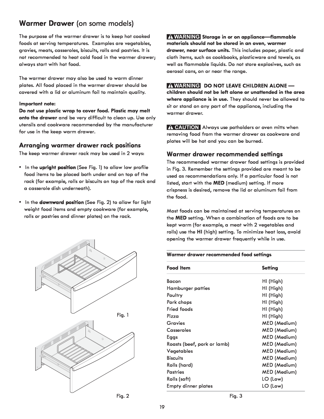 Kenmore 7290 Warmer Drawer on some models, Warmer drawer recommended settings, Arranging warmer drawer rack positions 