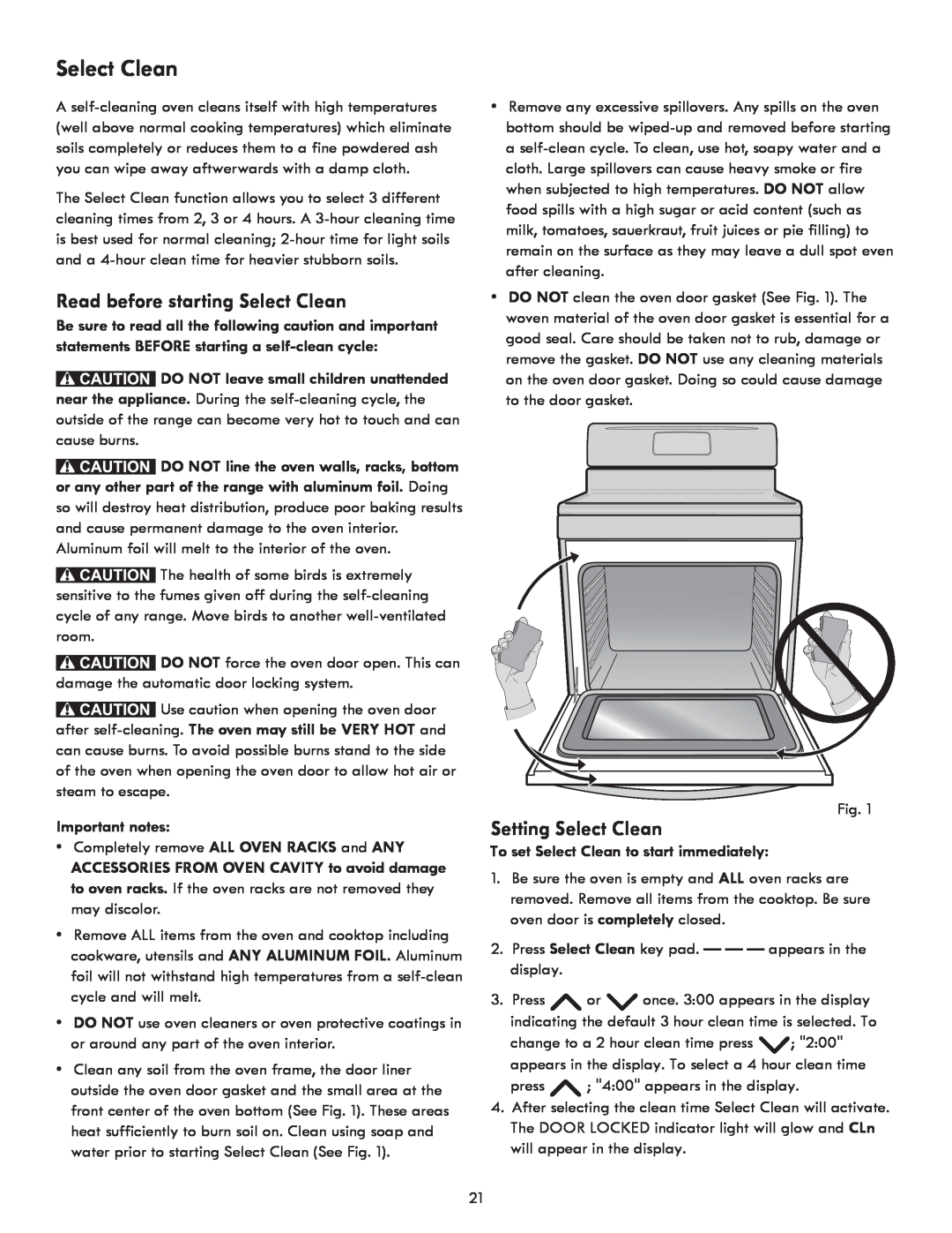 Kenmore 7250, 7271 Read before starting Select Clean, Setting Select Clean, To set Select Clean to start immediately 