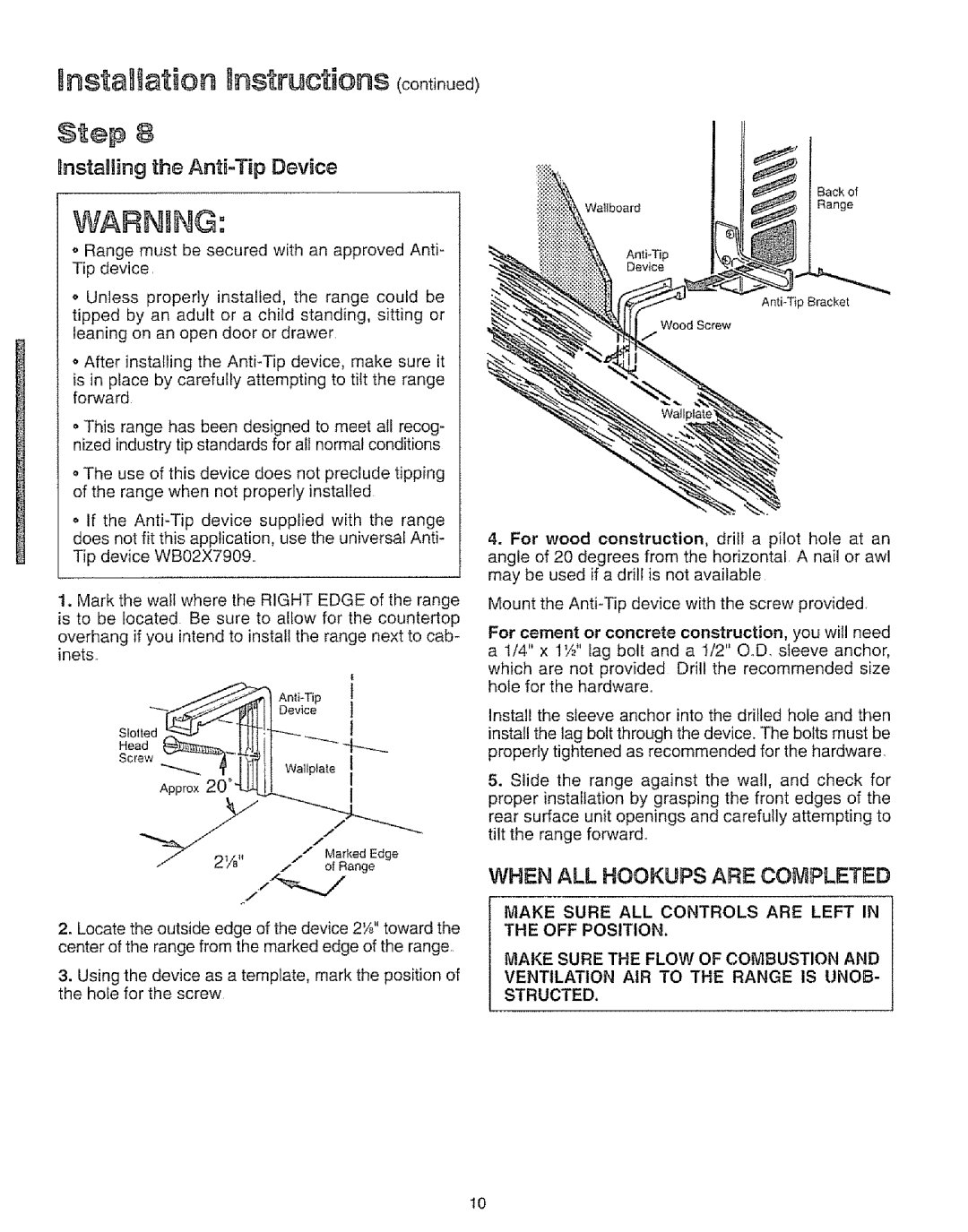 Kenmore 73811, 73819 Nsta Uation Instructions continue€, BnstaHing the Anti-Tip Device, When ALL Hookups are Completed 