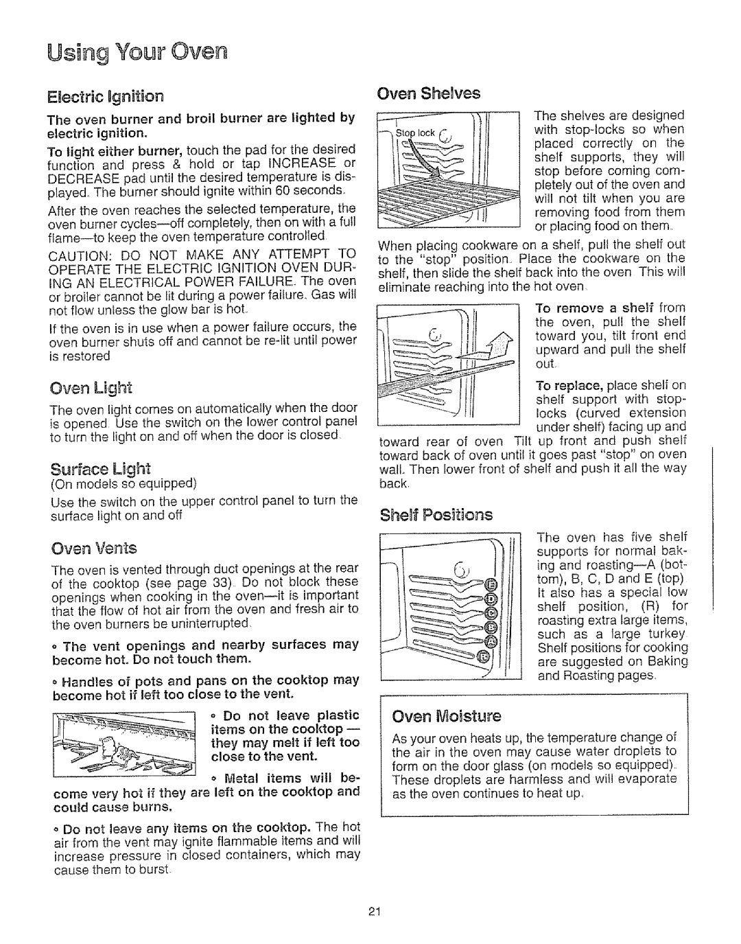 Kenmore 73515, 73819, 73511, 73811 manual Oven LSght, Surface Light, Oven ShehJes, Sheff Positions, EHectdc Ugnition 