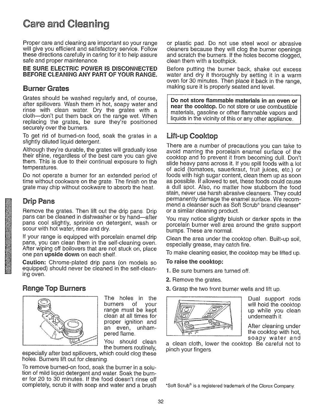 Kenmore 73511, 73819, 73515, 73811 manual Ca =eand C eaning, Burner Grates, Drip Pans, Range Top Burners 