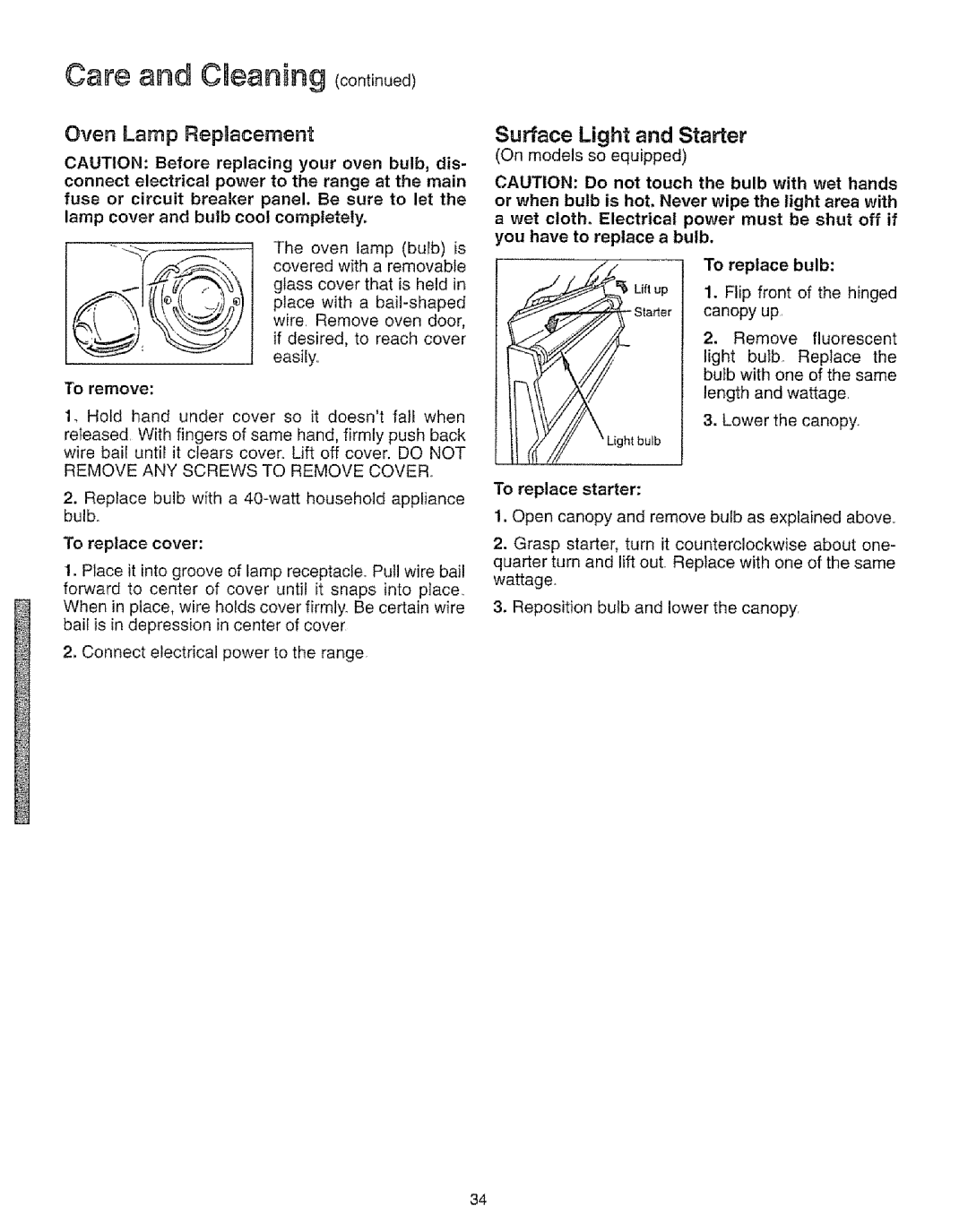 Kenmore 73811, 73819, 73511, 73515 manual Care and Cleaning, Oven Lamp Replacement, Surface Light and Starter 