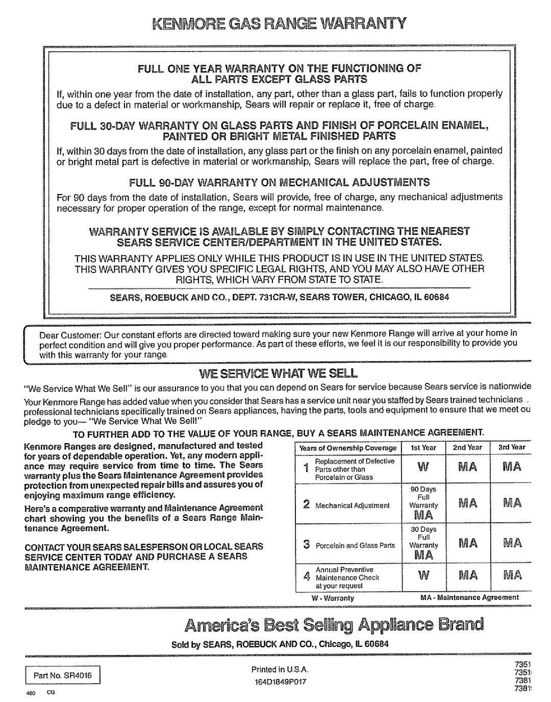 Kenmore 73811, 73819, 73511, 73515 manual AmericasBest SeU ingAppmianceBrand, PooorainaodGPa.sa.Wa,a.ty iA 