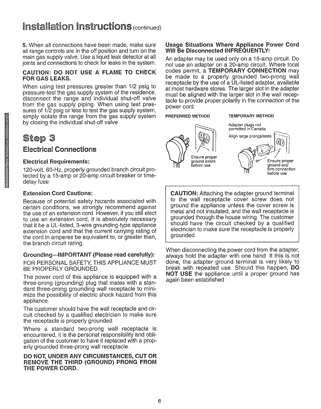 Kenmore 73811, 73819, 73511, 73515 manual Installation nstructions cont nue¢, Egectrica Connections 