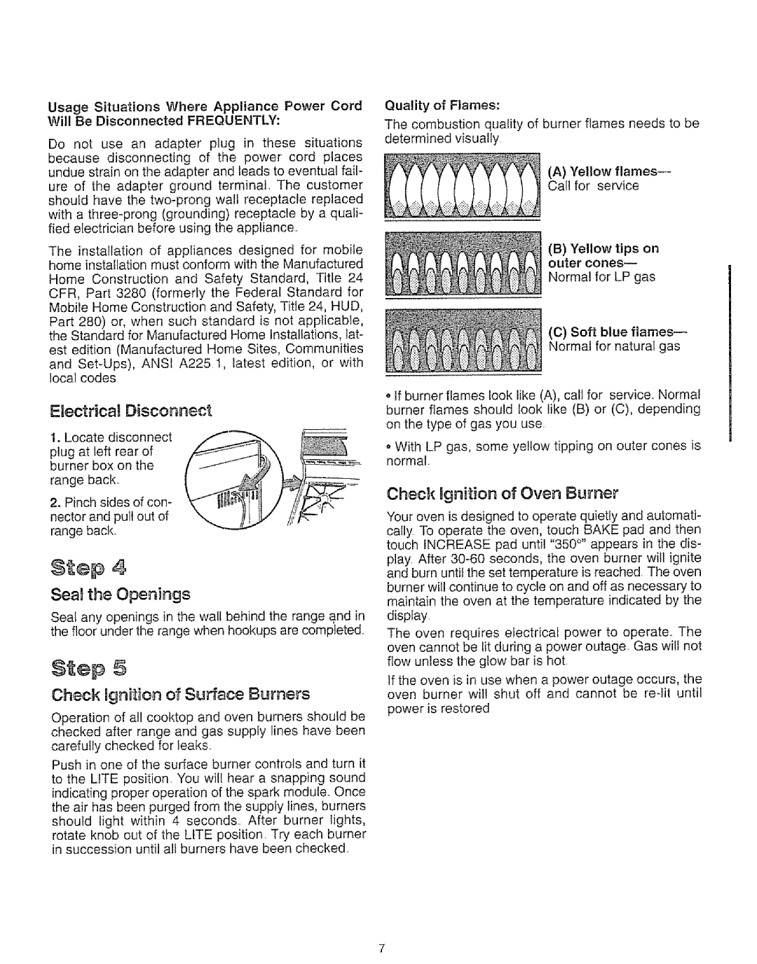 Kenmore 73819 Electrical Disconnect, Sea the Openings, Check Ugnition of Surface Burners, Check Bgnition of Oven Burner 