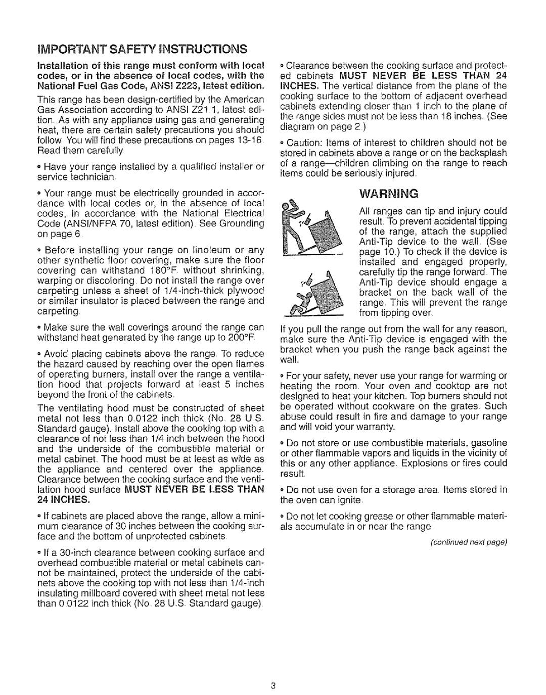 Kenmore 73819, 73511, 73515, 73811 manual IMPORTANT SAFETY nNSTRUCT ONS, continued next page 