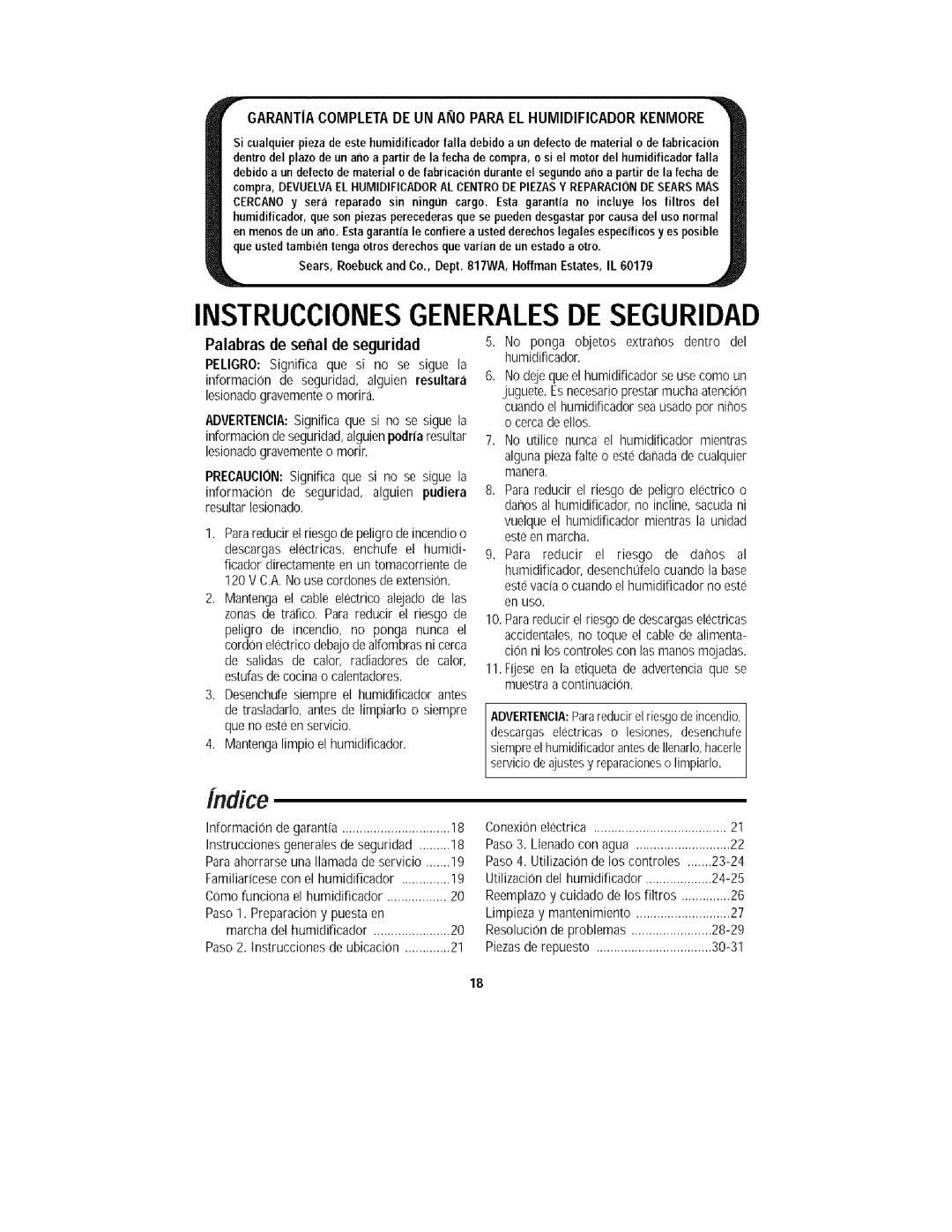 Kenmore 758.15408 manual GARANTiACOMPLETADE UN ANO Parael Humidificadorkenmore, Palabras de senal de seguridad 