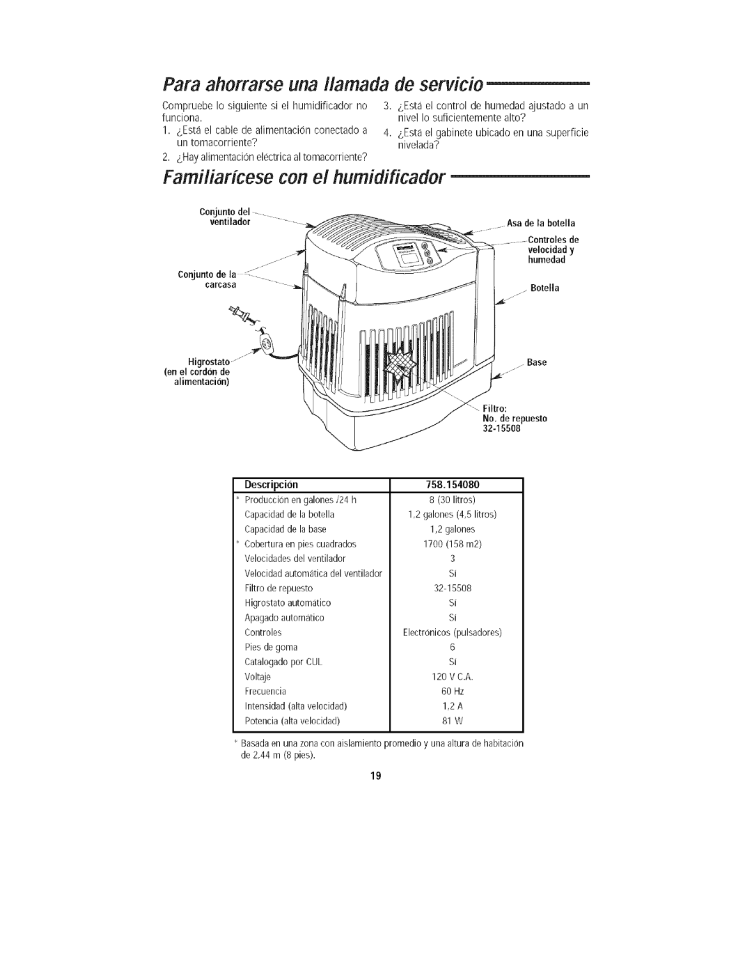 Kenmore 758.15408 manual Para ahorrarse una Ilamada de servicio, Familiaricese con el humidificador 