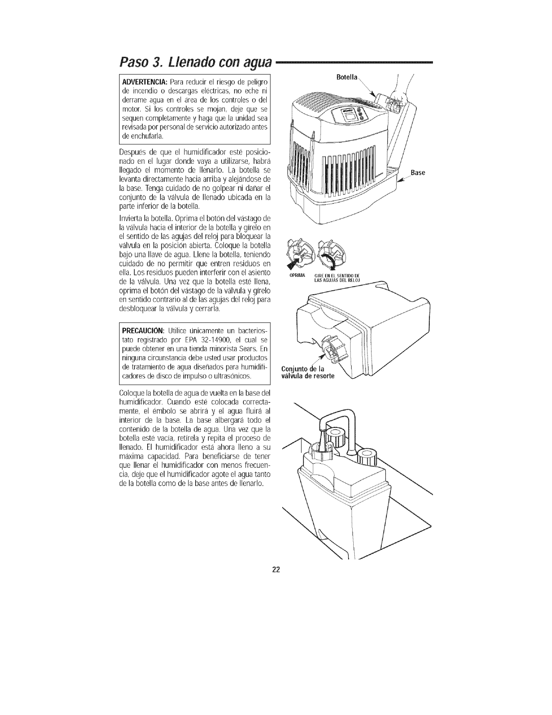 Kenmore 758.15408 manual Paso 3. Llenado con agua, Taro registrado por EPA 32-14900, el cual se, Botella 