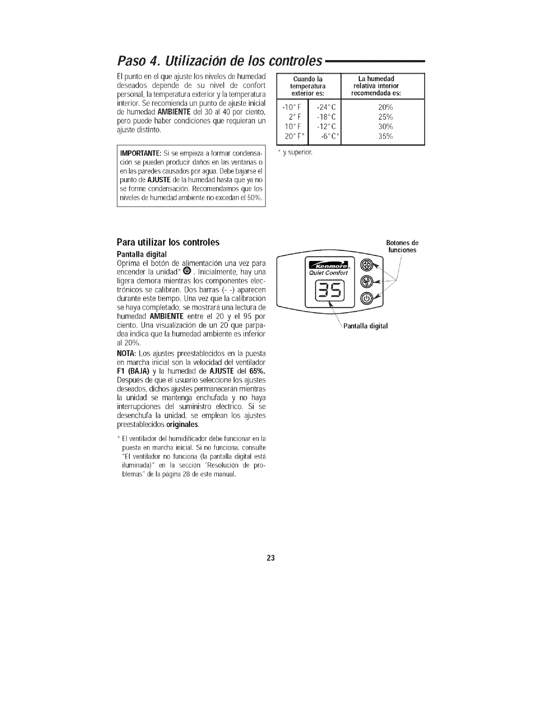 Kenmore 758.15408 manual Paso 4. Utilizacion de los contro/es, Para utilizar los controles, 10 F 24C 2O% 180 25% 