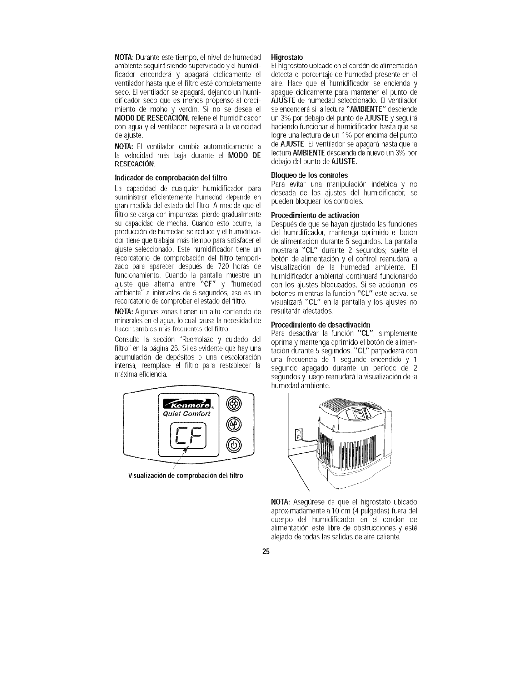 Kenmore 758.15408 Debajodel punto de Ajuste, Indicadorde comprobaci6ndel filtro, Bloqueo de los contreles, Humedadambiente 