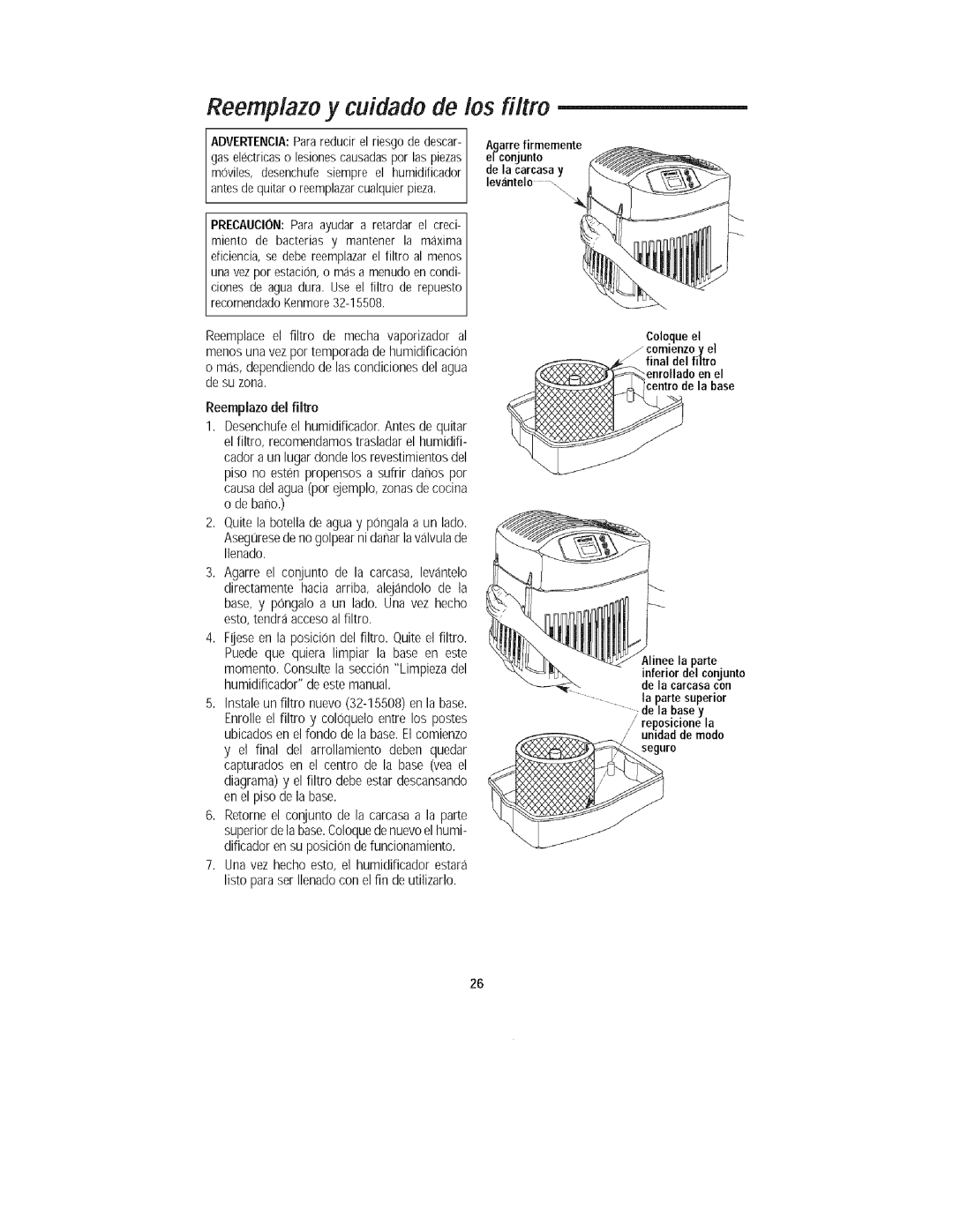 Kenmore 758.15408 manual Reemplazo y cuidado de los filtro, Inferior del conjunto de la carcasa con 