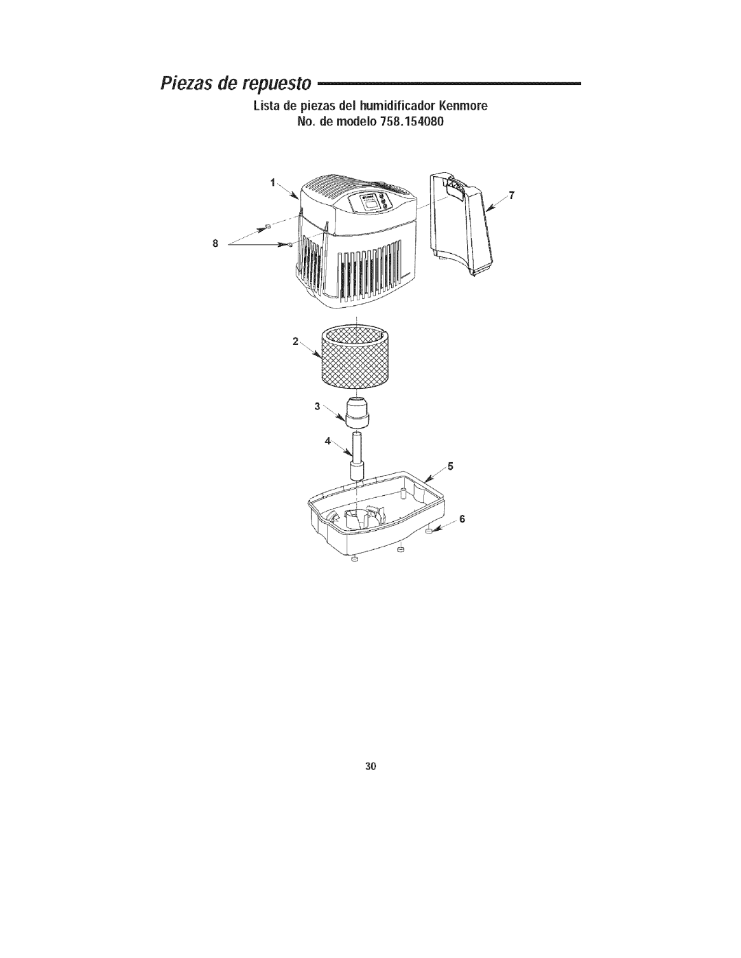 Kenmore 758.15408 manual Piezas de repuesto, Lista de piezas del humidificador Kenmore 