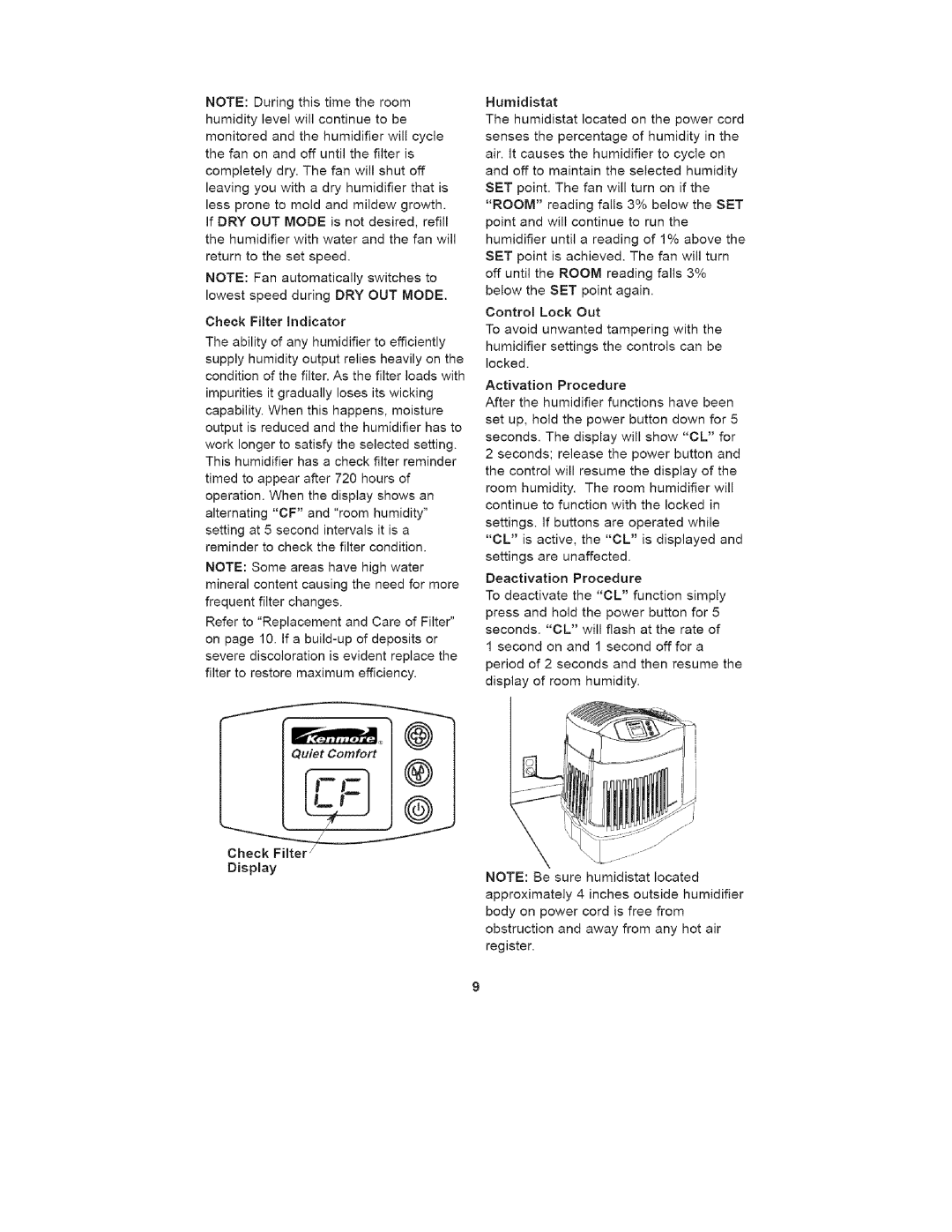 Kenmore 758.15408 manual Check Filter, Humidistat 