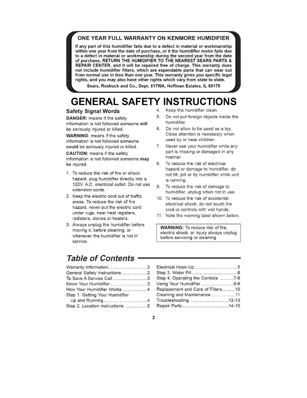 Kenmore 758.15408 General Safety Instructions, Table, Contents, P_One Year Full Warranty On Kenmore Humidifier _, Signal 