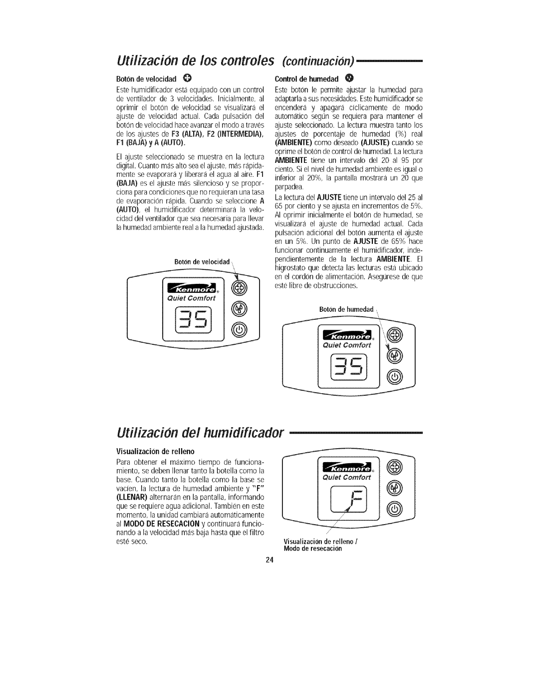 Kenmore 758.15408 manual Utflizacbn de los controles continuacion, Utilizacbn del humidificador, Control de humedad 