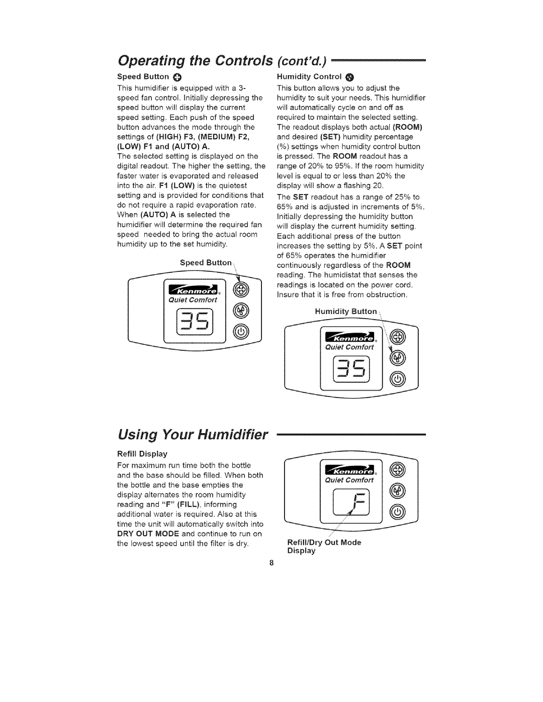 Kenmore 758.15408 manual Operating the Controls, Using Your Humidifier, contd 