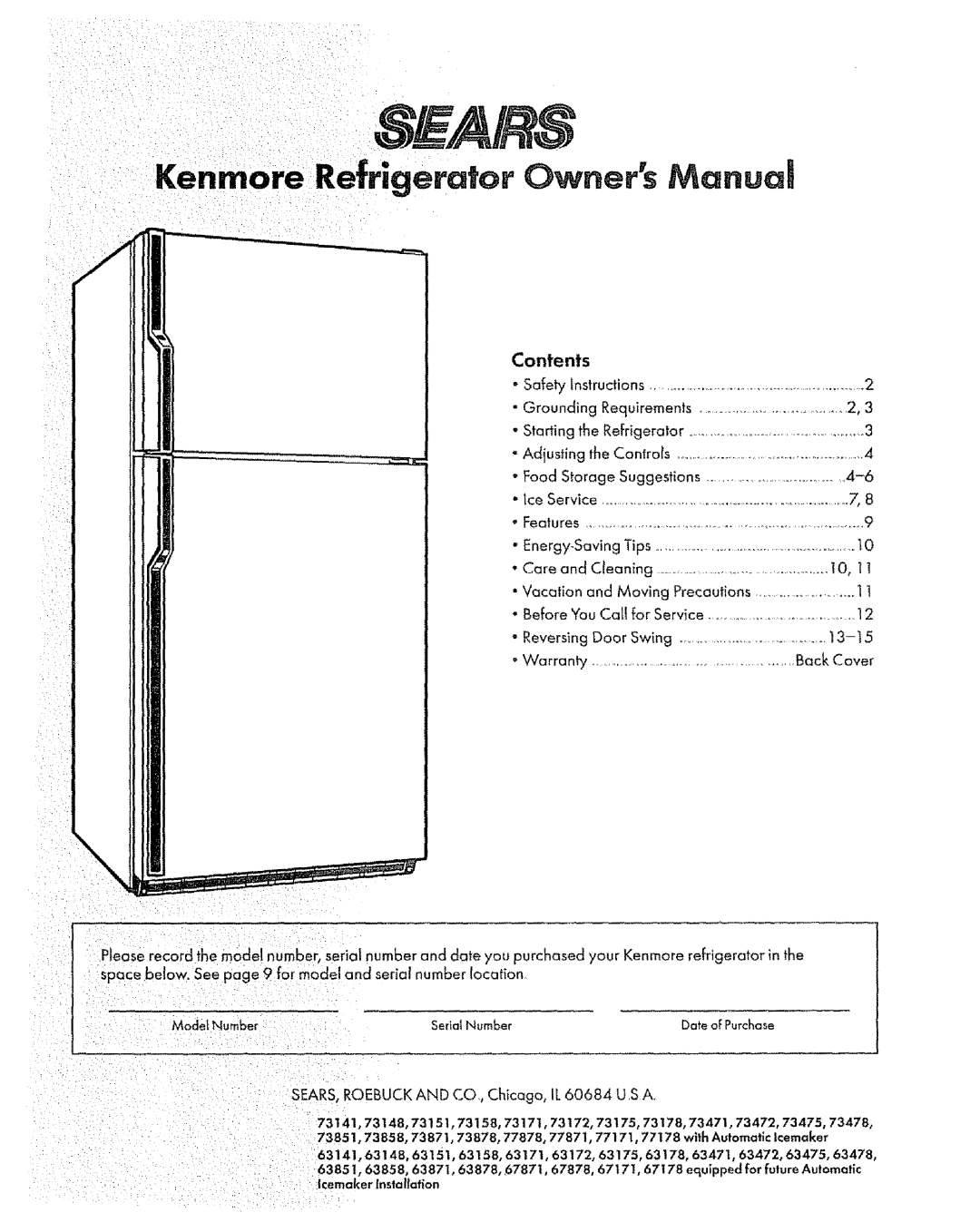 Kenmore 73871, 77171, 73478, 63141, 77878, 73878, 77178, 73475, 73178, 73151, 67871, 73175, 73141, 63858, 67178, 67878 manual Contents 