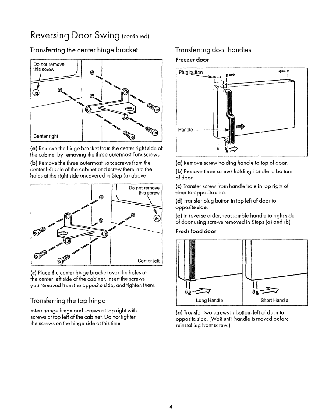 Kenmore 67178, 77171, 73871 Transferring the center hinge bracket, Transferring the top hinge, Transferring Door handles 