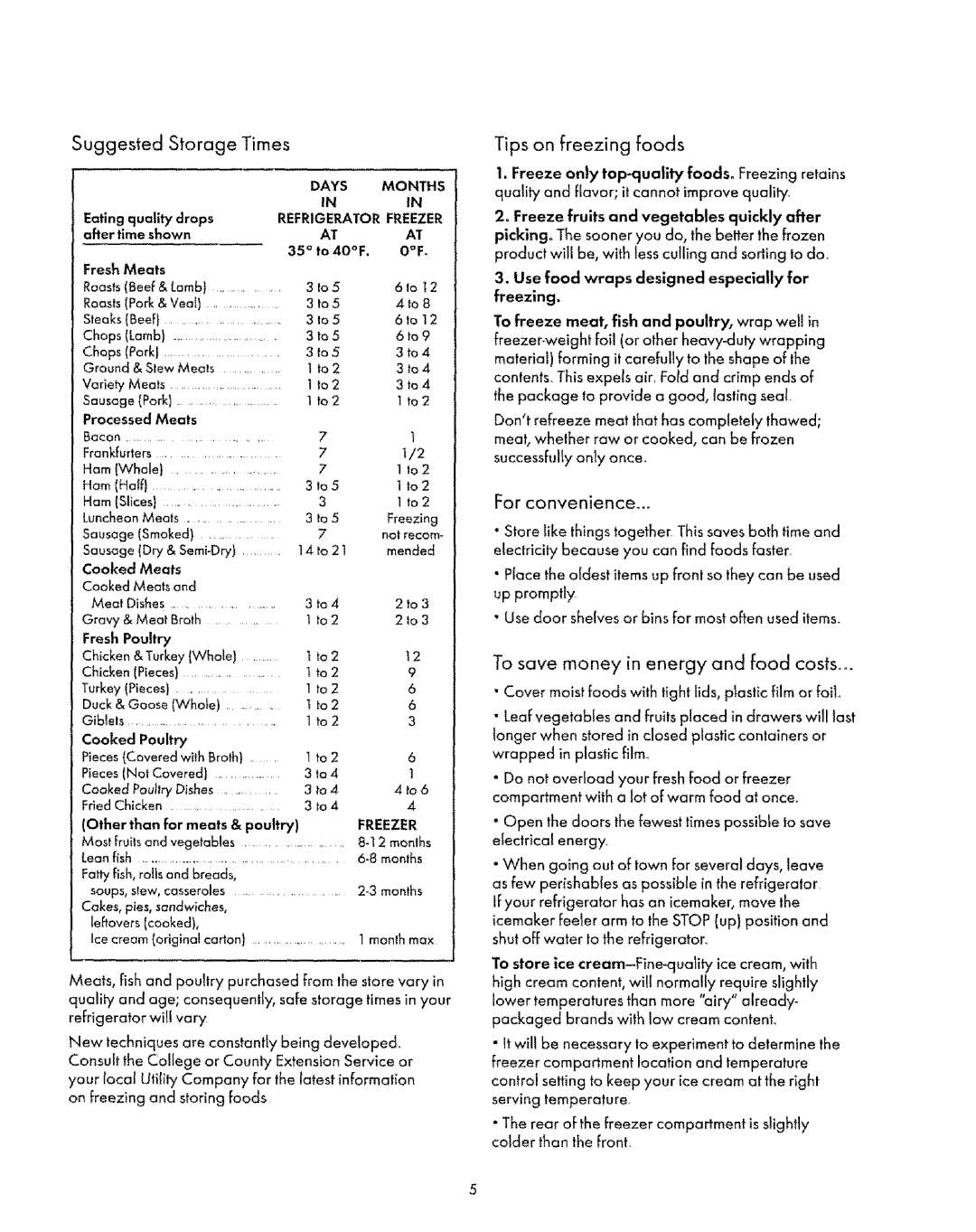 Kenmore 73878, 77171, 73871, 73478 Suggested Storage Times, Tips on freezing foods, To save money in energy and food costs 