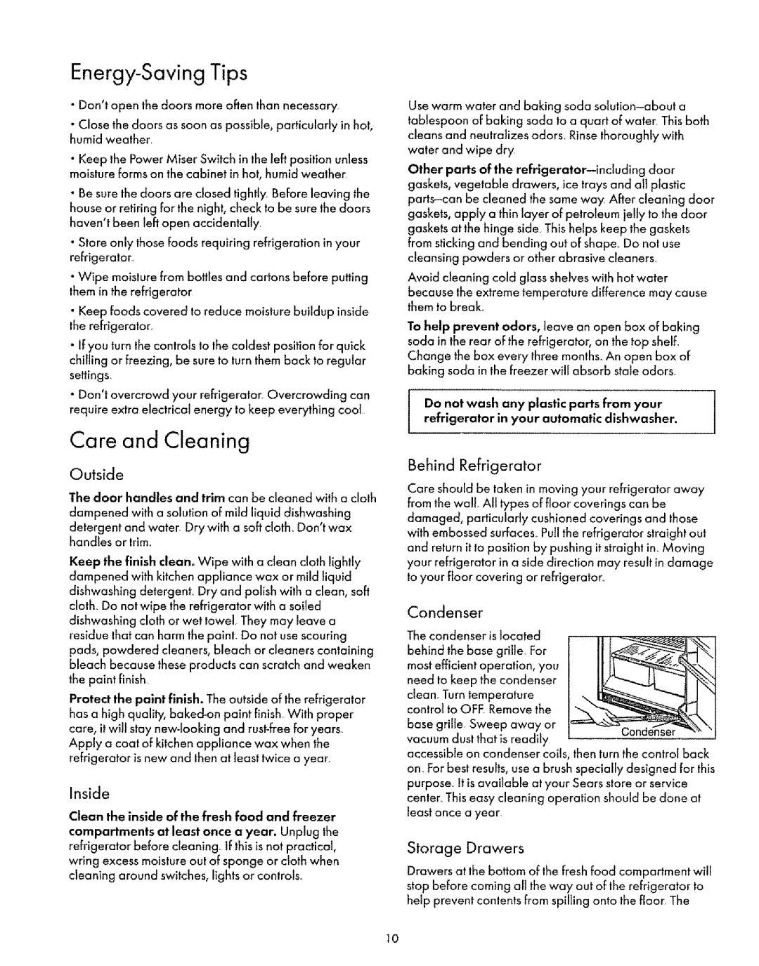 Kenmore 67871 manual Care and Cleaning, Energy-SavingTips, Outside, Inside, Behind Refrigerator, Condenser, Storage Drawers 