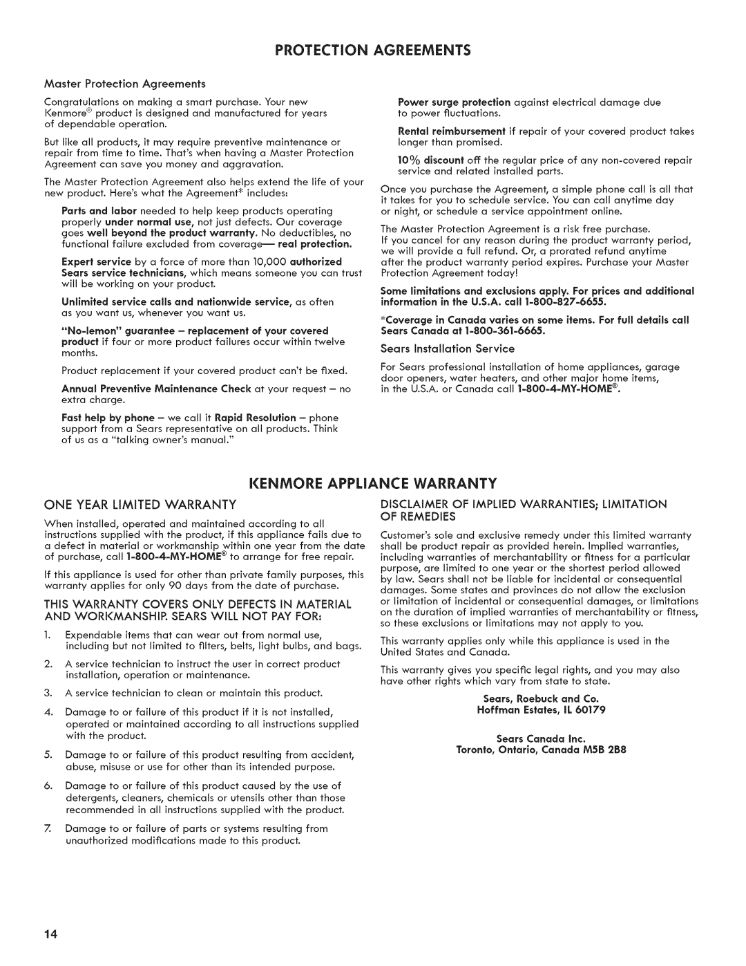 Kenmore C6801 Protection Agreements, ONE Year Limited Warranty, Annual Preventive Maintenance Check at your request no 