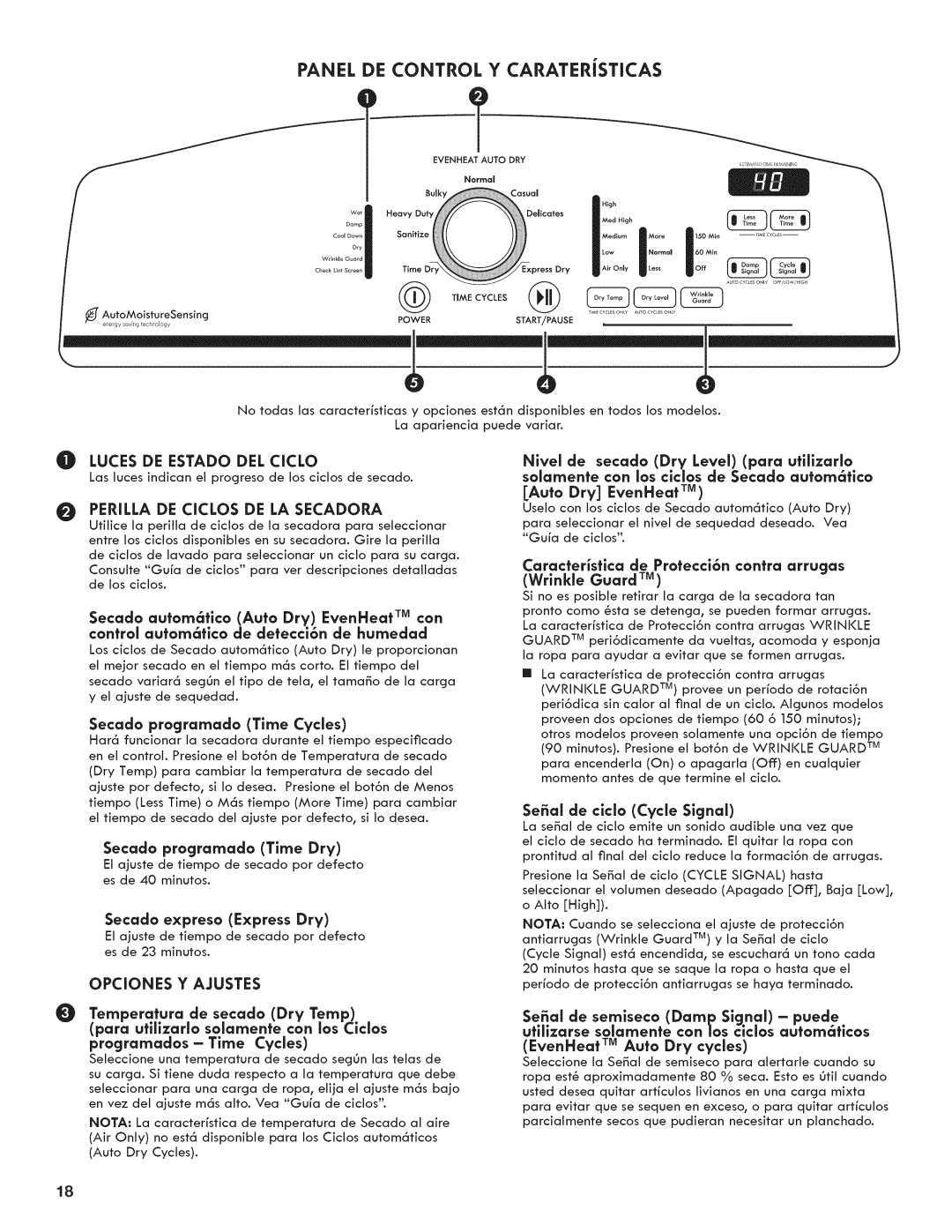 Kenmore 7800, 6800, C6801 manual Panel DE Control Y Carateristicas 