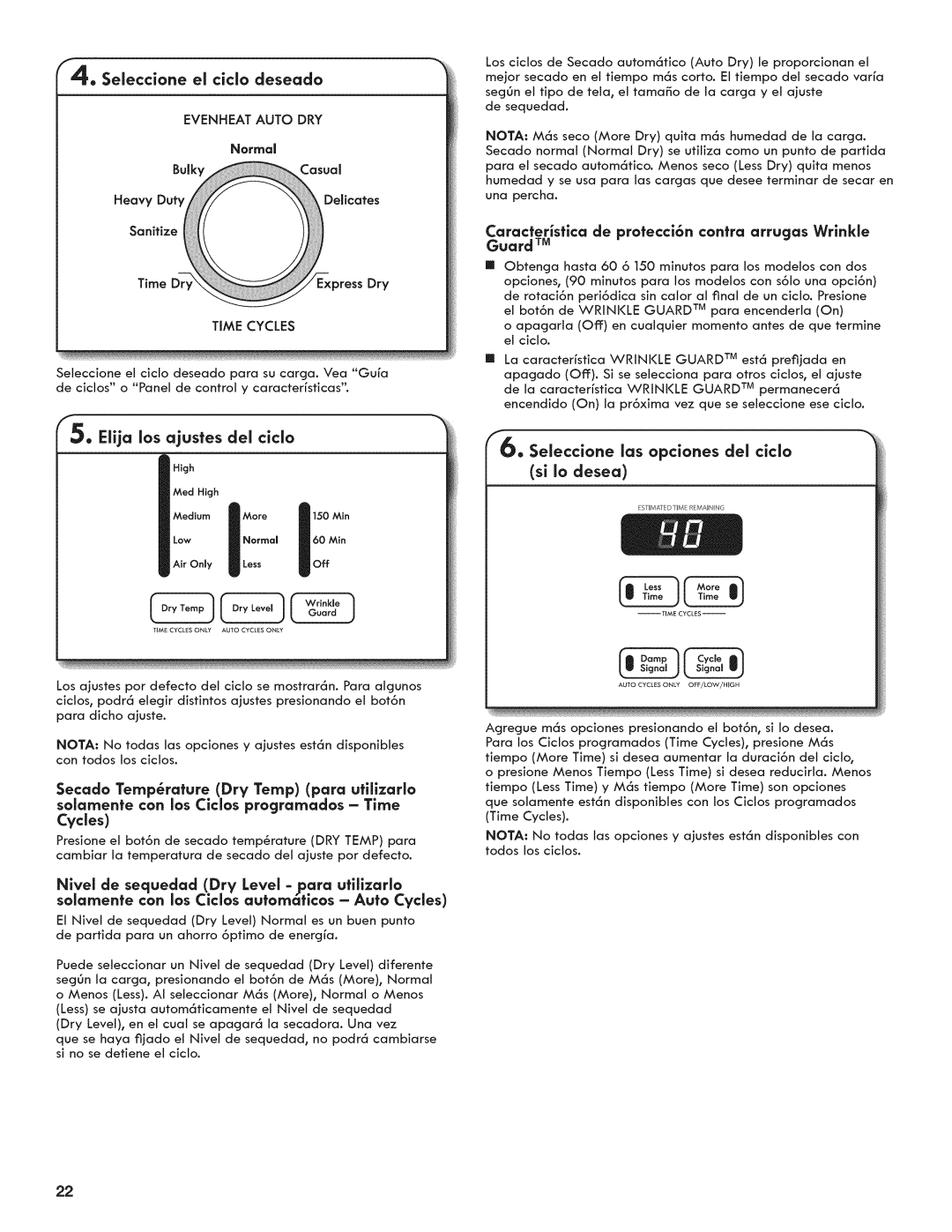 Kenmore 6800, 7800 Seleccione el ciclo deseado, Elija los ajustes del ciclo, Seleccione las opciones dei cicio si Io desea 