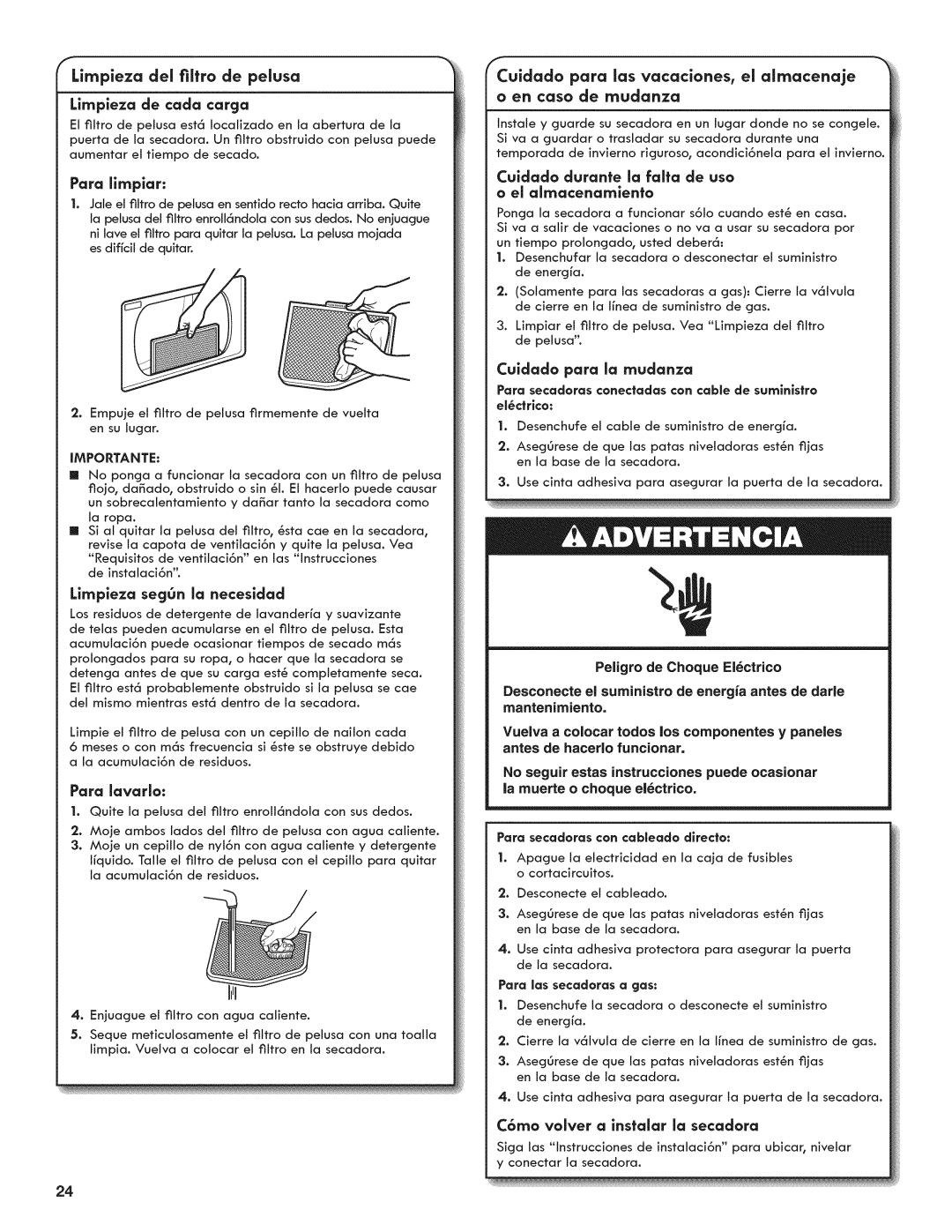 Kenmore 7800, 6800, C6801 manual Lirnpieza deJ fiffro de peJusa Lirnpleza de cada carga, Lirnpleza seg6n la necesldad 