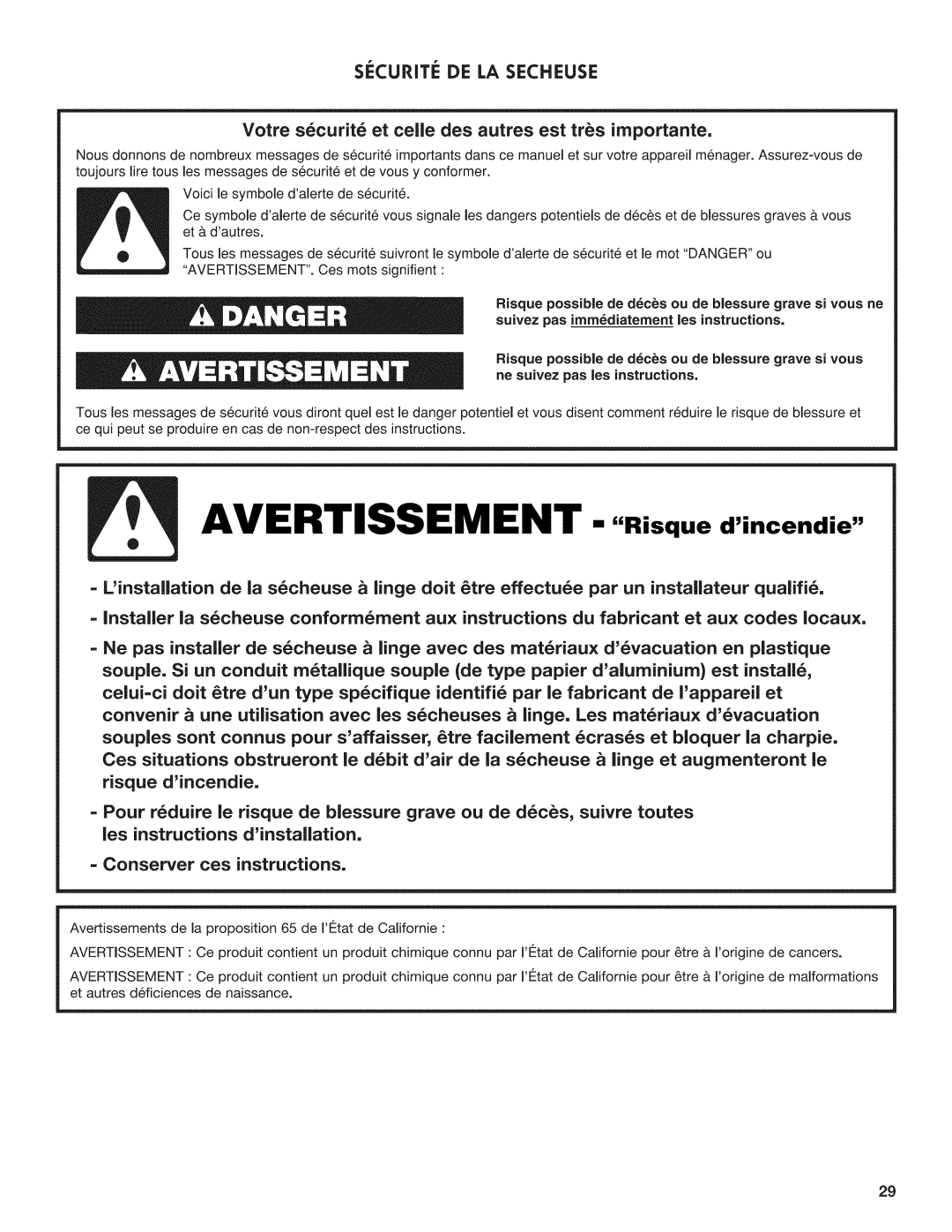 Kenmore C6801 Securit DE LA Secheuse, Votre scurit et celle des autres est trs irnportante, Conserver ces instructions 