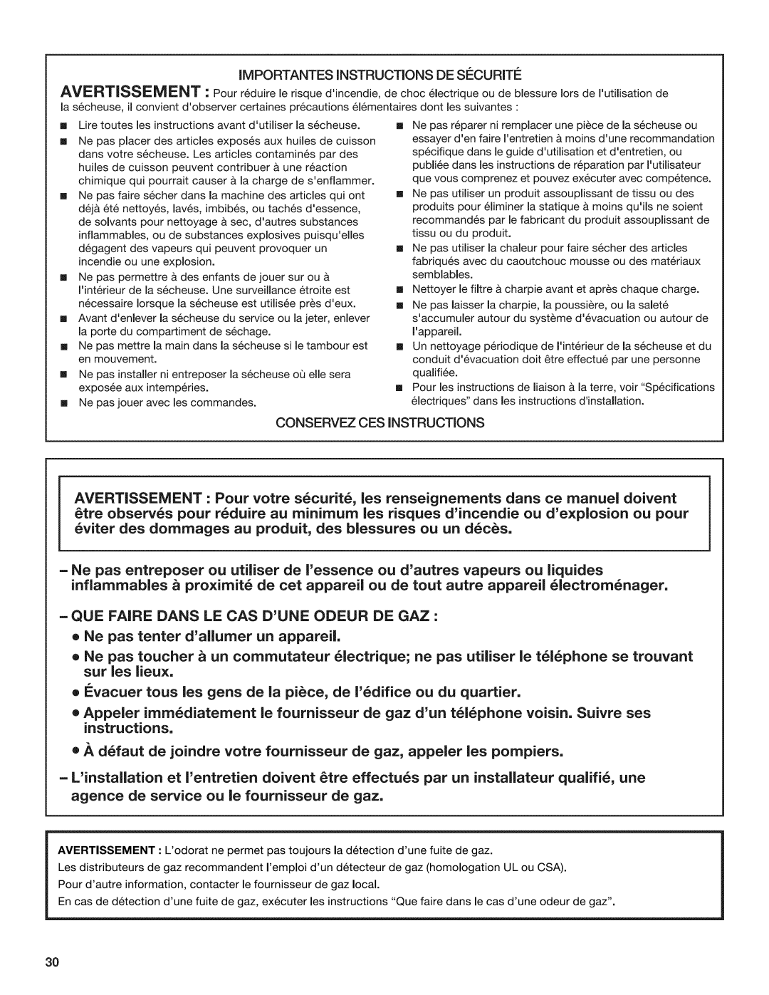 Kenmore 7800 QUE Faire Dans LE CAS Dune Odeur DE GAZ, Importantes Instructions DE SECURIT¢, Conservez CES Instructions 