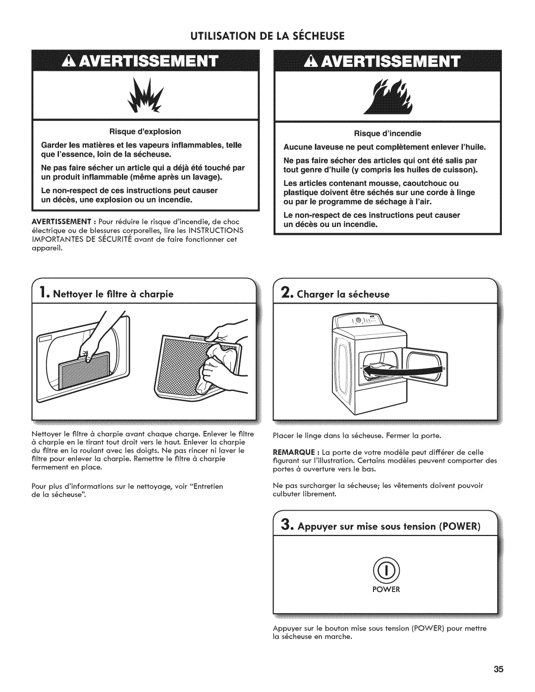 Kenmore C6801, 7800, 6800 manual Utilisation DE LA SiCHEUSE, Risque dincendie, Nettoyer ie fiitre charpie 