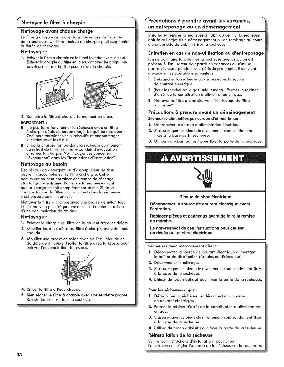 Kenmore C6801, 7800, 6800 manual Neffoyage avanf chaque charge, Neffayage, Precautions prendre avant les vacances 