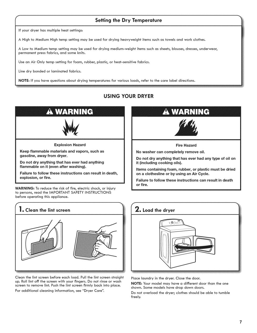 Kenmore 6800, 7800, C6801 manual Seffing the Dry Ternperafure, Clean the lint screen Load the dryer 